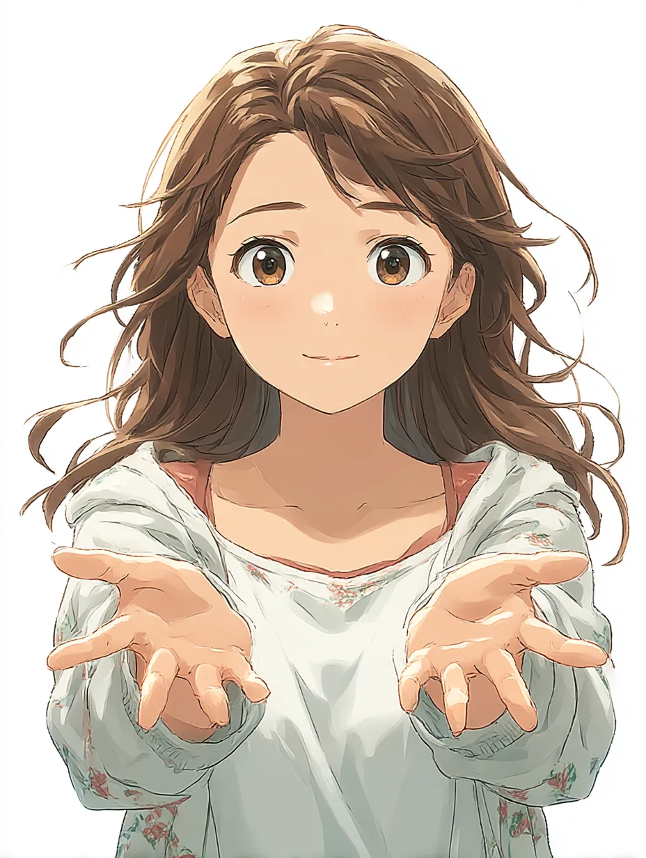 癒し系女子のそっと差し出す手｜両手を胸元で優しく差し出す少女の姿が柔らかい印象。淡い色使いと穏やかな表情が調和し、包み込むような温かさを感じさせます。「手を前に出すポーズ」が優しさを語る。