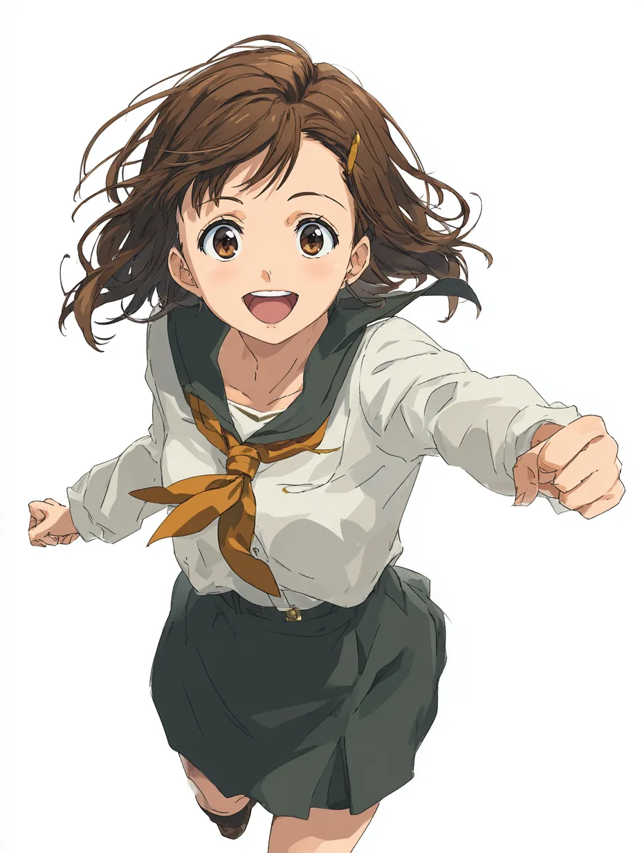 駆け出すセーラー少女の前伸ばし手｜駆け出す勢いで腕を前に突き出す動きのあるポーズが爽快。制服のはためきや笑顔が、青春らしい明るさを演出。「手を前に出すポーズ」により疾走感と元気さが際立っています。