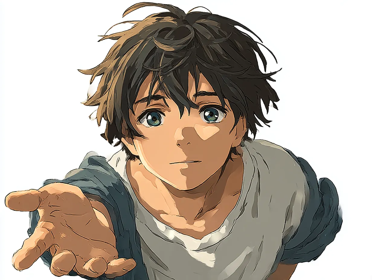 優しい瞳の少年と手前ポーズ｜落ち着いた服装と光を帯びた髪、そして手前に差し出された手が見る者との距離を縮めます。「手を前に出すポーズ」によって語られない想いが視覚化されています。