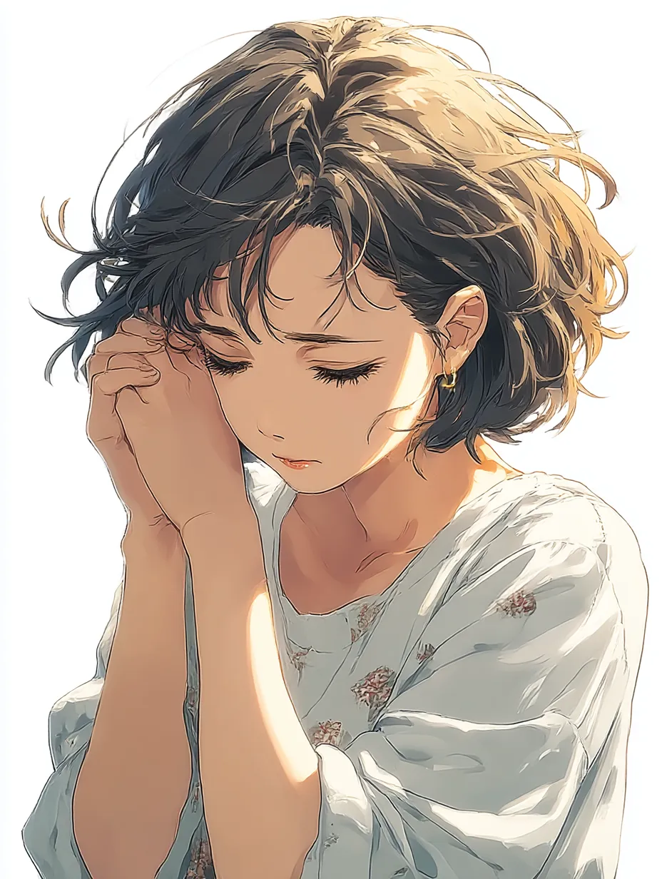 短髪少女の儚げな伏し目がちポーズ｜光を受けた短髪と伏し目がちのまなざしが印象的な構図。肌の陰影と淡い花柄が柔らかさを引き立て、「伏し目がちポーズ」が繊細な心の動きを丁寧に映し出します。