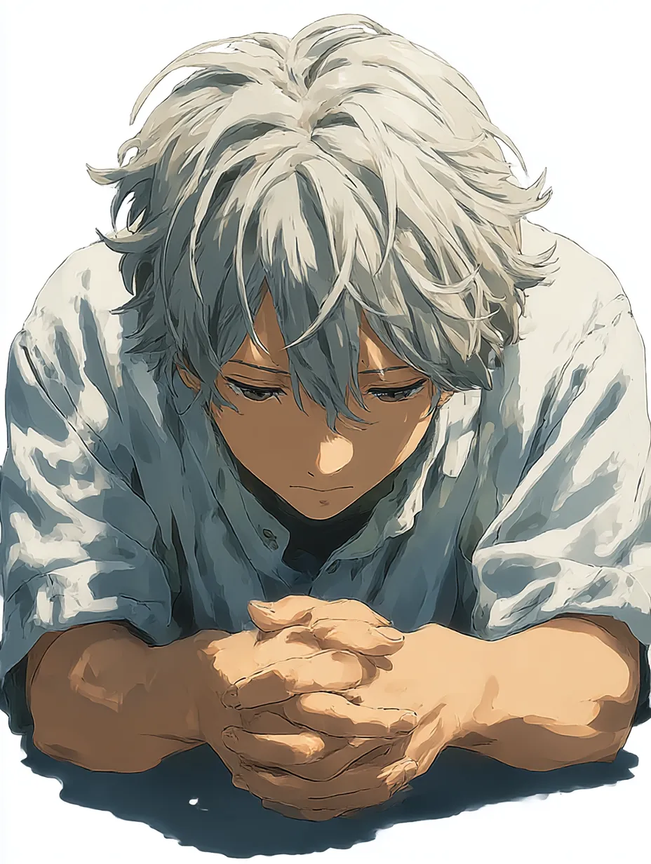 銀髪少年の祈るような伏し目がちポーズ｜机に組んだ両手と伏し目がちの銀髪の少年が、深く思いつめた様子を描出。「伏し目がちポーズ」による重心の低さが、祈りや決意といった感情の深さを強調しています。