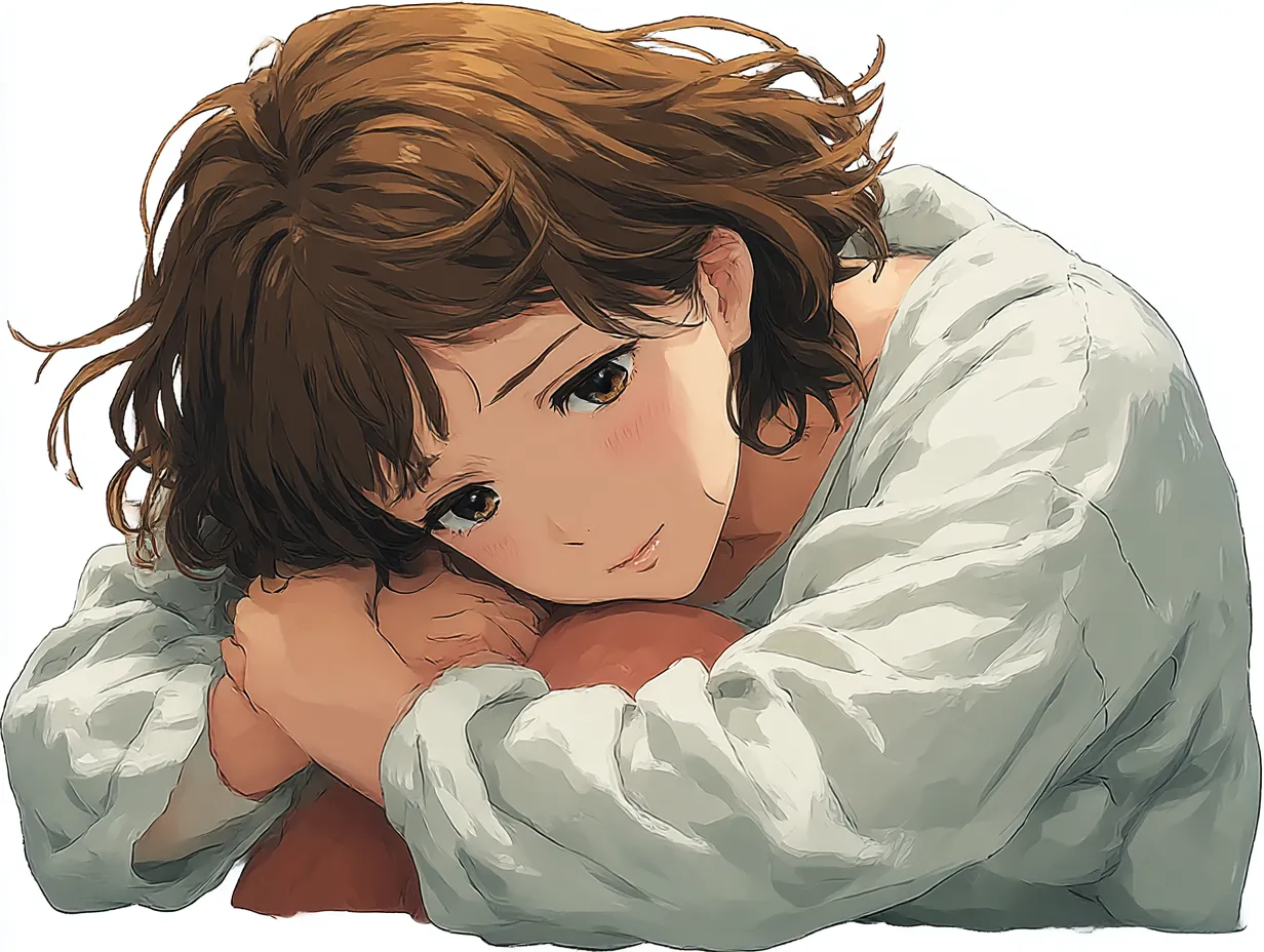 膝を抱える少女の伏し目がちポーズ｜長袖に包まれたまま膝を抱くポーズと、伏し目の穏やかな表情が安心感を与えます。ぬくもりある色調と「伏し目がちポーズ」で、柔らかい孤独を演出しています。