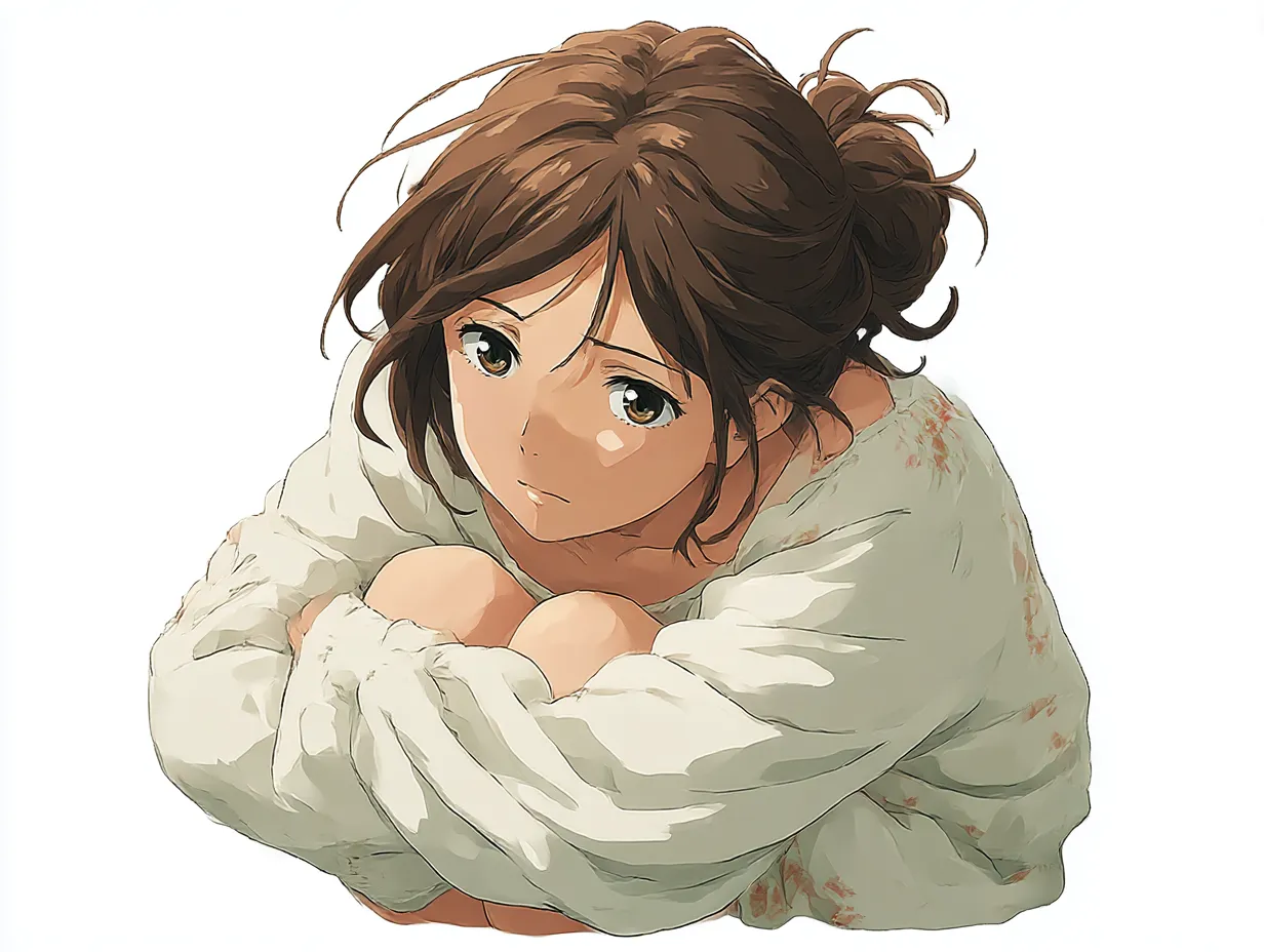上目づかい少女の伏し目がちポーズ｜膝を抱えながらも斜めにこちらを見上げるような「伏し目がちポーズ」が印象的。包み込むような衣装と穏やかな視線が、微妙な感情の揺れを感じさせます。