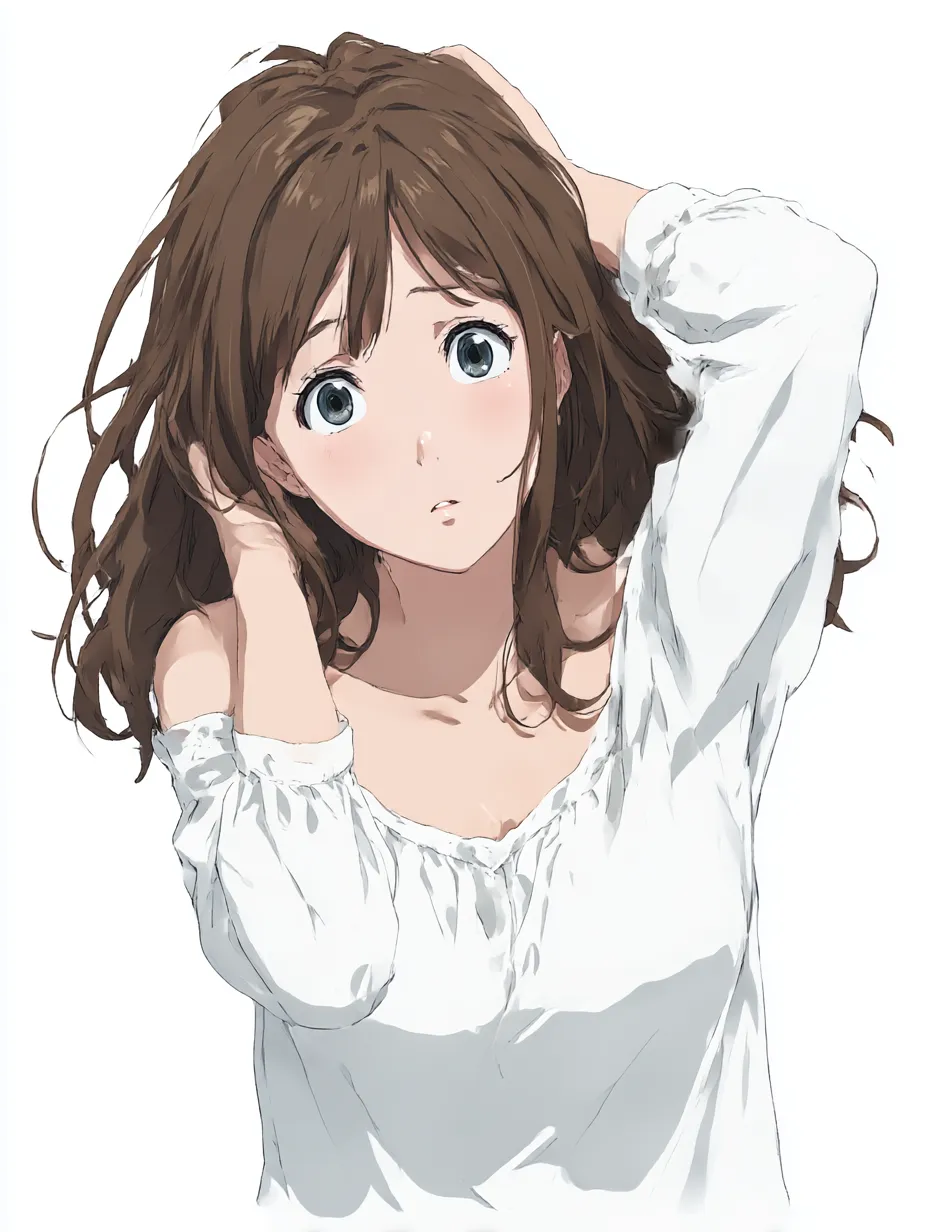 白シャツ女子の髪かきあげポーズ｜ふわりと広がる髪と、大きな瞳でこちらを見つめる姿が印象的な構図。自然な仕草としての「髪かきあげポーズ」が戸惑いや無垢さを引き出しています。