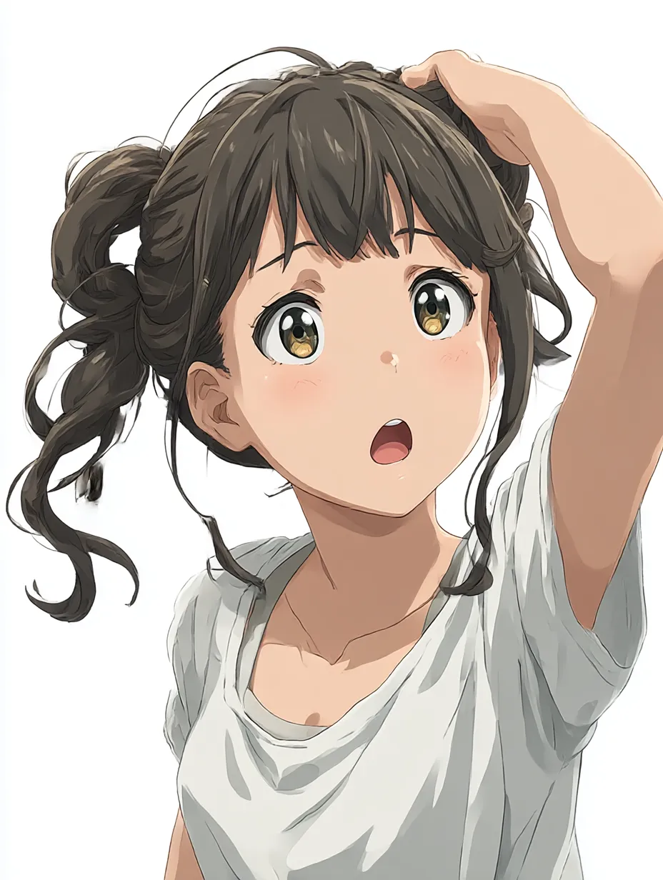 ツインテ女子の驚き髪かきあげポーズ｜驚きの表情とともに片手で頭に触れる動作が生き生きと描かれ、「髪かきあげポーズ」によって感情のリアリティがぐっと高まっています。