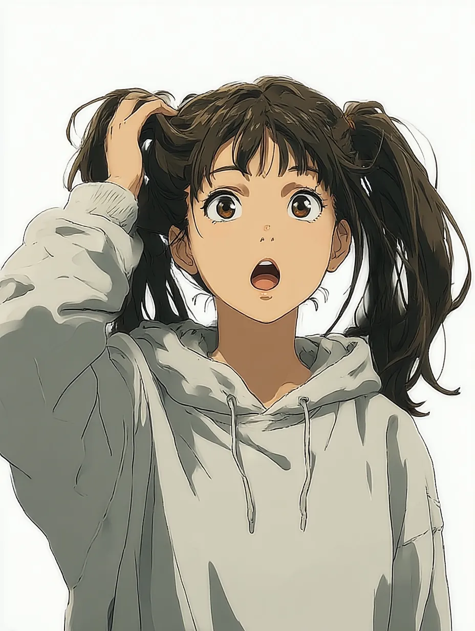 パーカー少女の髪かきあげポーズ｜カジュアルなパーカー姿の女の子が見せる軽い動きと口元の緩みが魅力的。「髪かきあげポーズ」がリラックス感と素直さを演出しています。