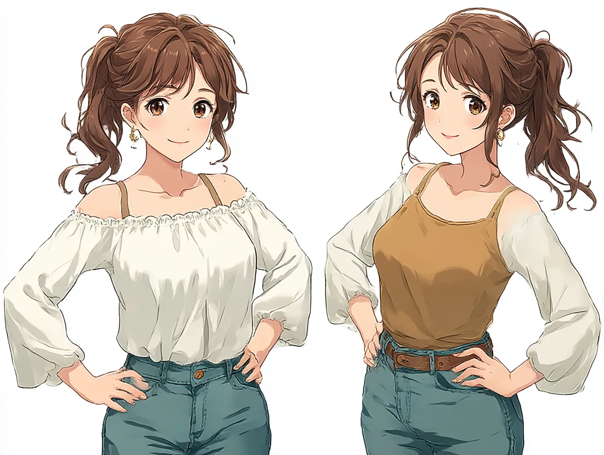 姉妹風ポニテ女子の対称コーデ｜ポニーテールの二人が腰に手を当て堂々と立つ構図。トップスのデザイン差が印象的で、シンプルながら色とフォルムの対比がスタイルの魅力を引き立てる。自然体な対の調和が心地よい。