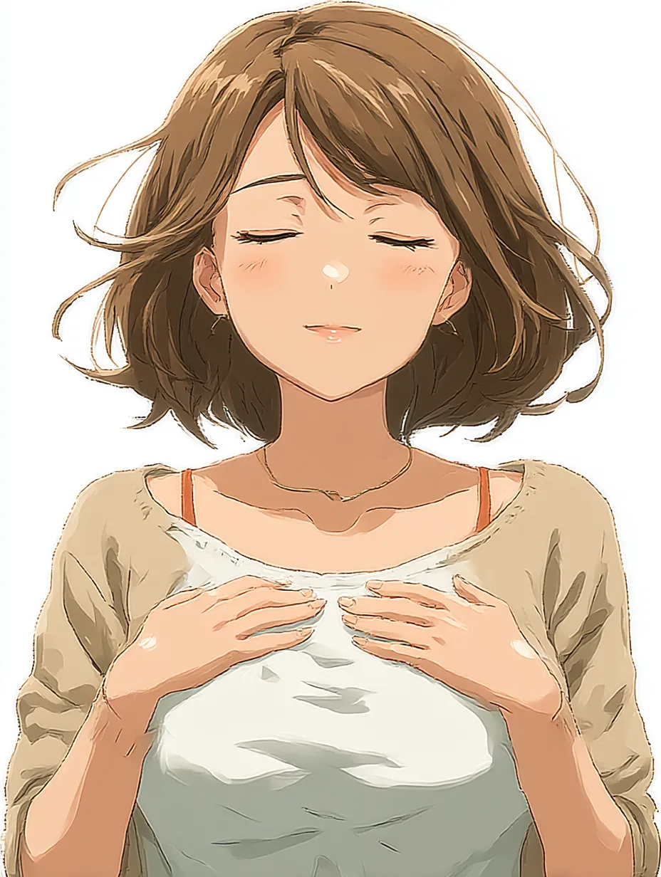 微笑み女子の胸に手を当てるポーズ｜目を閉じ穏やかにほほえむ女性が、両手を胸元にそっと重ねた姿。「胸に手を当てるポーズ」が安らぎと心の落ち着きを静かに表現しています。