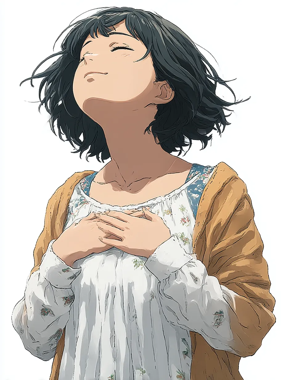 春風と少女の胸に手を当てるポーズ｜微笑みながら風を感じる少女が、やさしく胸元を押さえるシーン。「胸に手を当てるポーズ」が希望や感謝のような内面の光を伝えています。