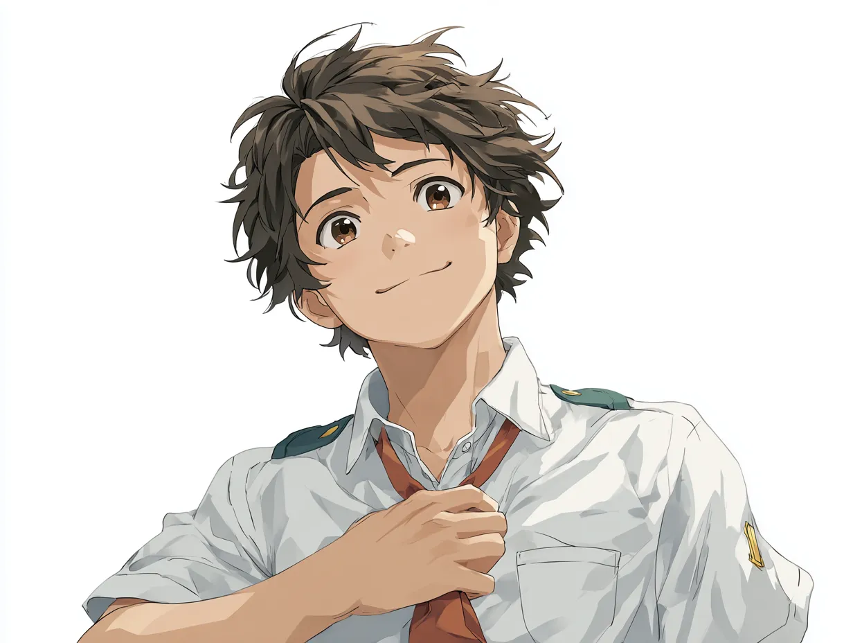 爽やか男子の胸に手を当てるポーズ｜制服姿の少年がネクタイを握りながら胸に手を添える様子。「胸に手を当てるポーズ」により、前向きな気持ちとささやかな緊張感を感じさせます。