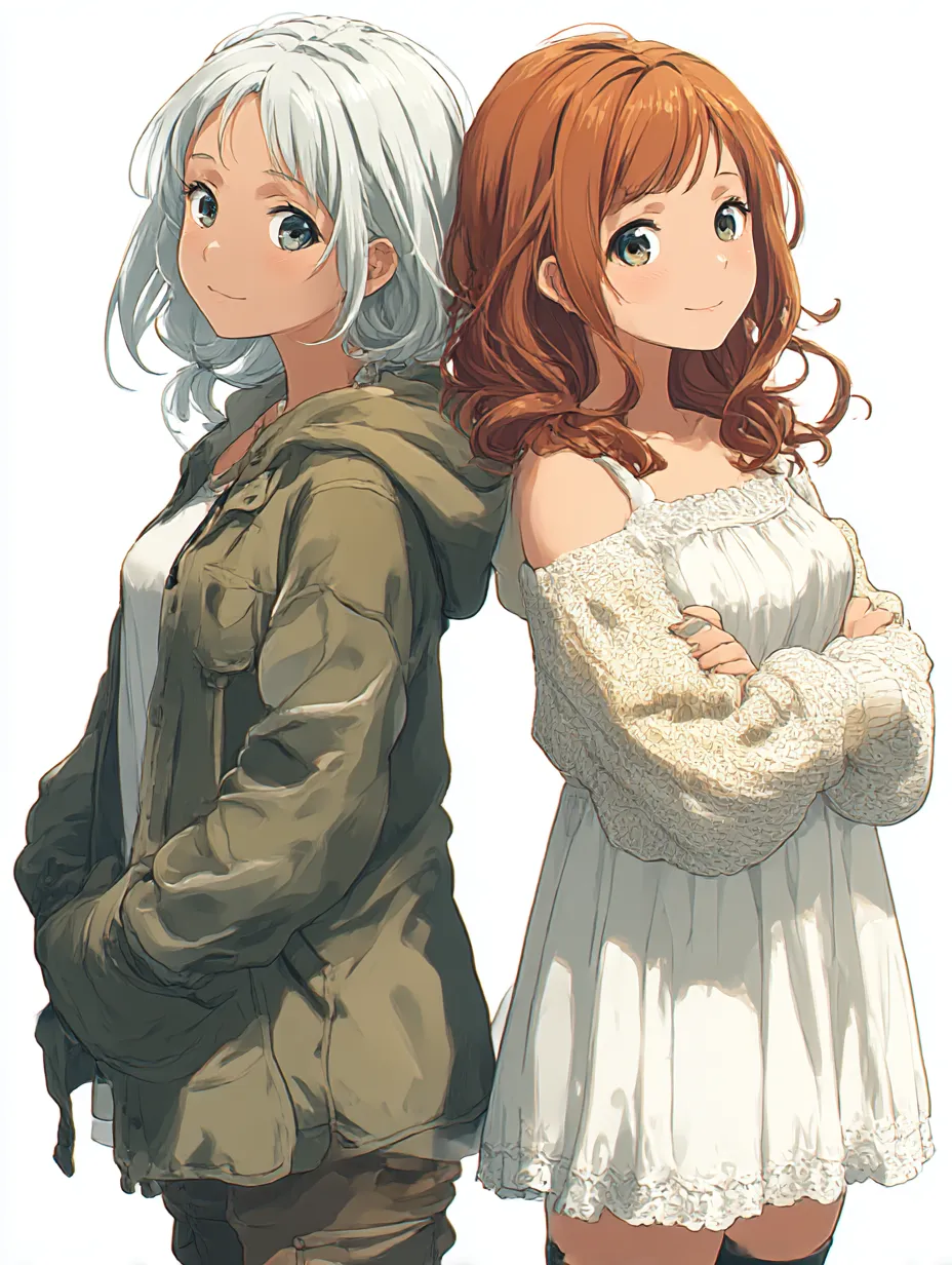 アウトドアとガーリーの対装い｜ミリタリーパーカーとふんわりワンピのコントラストが際立つ二人。背景なしのシンプル構成が服装の違いを引き立て、性格の対照性まで感じさせるデザインバランス。