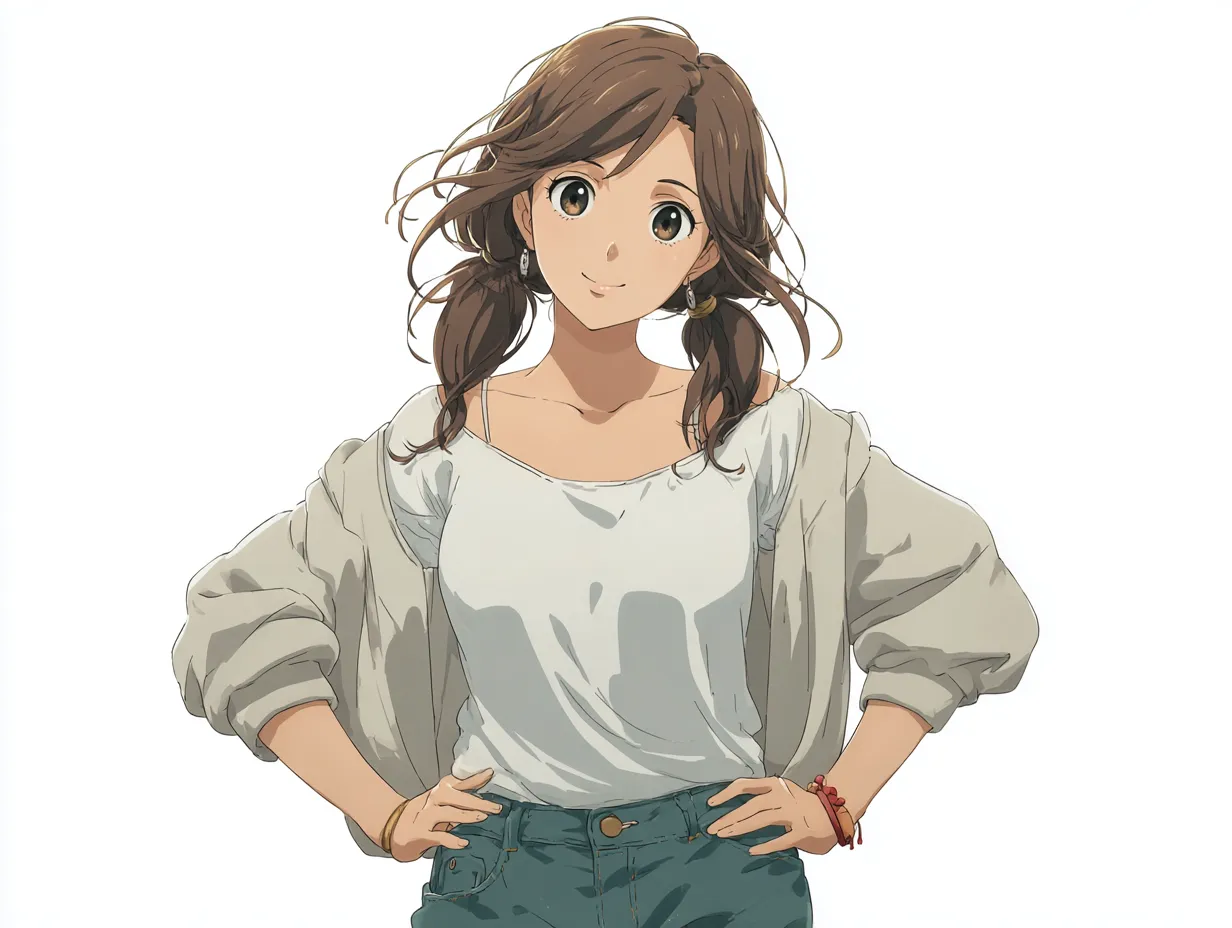 ナチュラル女子の腰に手をあてポーズ｜ツインテールにゆるっとしたカーディガン姿の女の子が、さりげなく腰に手をあてポーズ。優しく親しみやすい空気感が魅力。