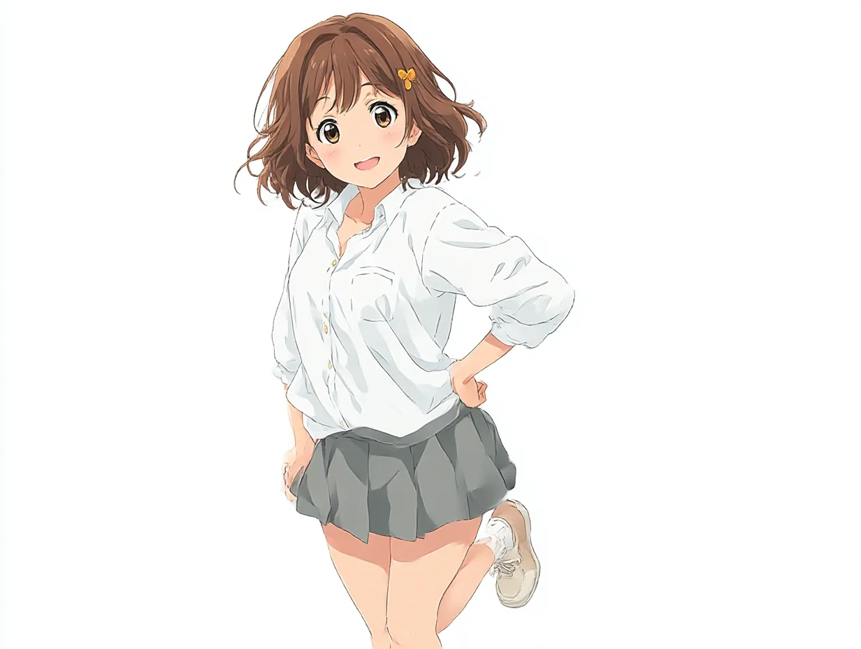 元気女子の腰に手をあてポーズ｜白シャツにミニスカートの女の子が、足を後ろに曲げながら腰に手をあてポーズ。明るさと可愛らしさが融合した表情豊かなスタイル。