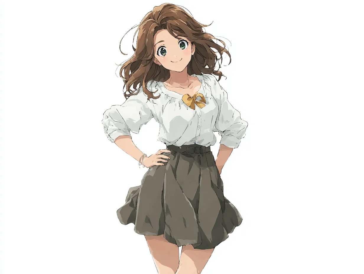 リボン女子の腰に手をあてポーズ｜大きなリボンとふんわりスカートの少女が優雅に腰に手をあてポーズ。柔らかくロマンチックな空気感をまとうシルエットが特徴。