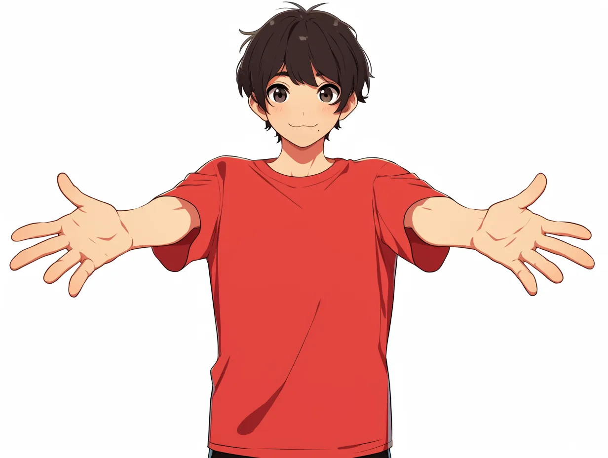 赤Tシャツ少年のすしざんまいポーズ｜赤いTシャツを着た少年が満面の笑みですしざんまいポーズ。素直で明るい雰囲気が前面に出た、好感度抜群のシンプル構図。