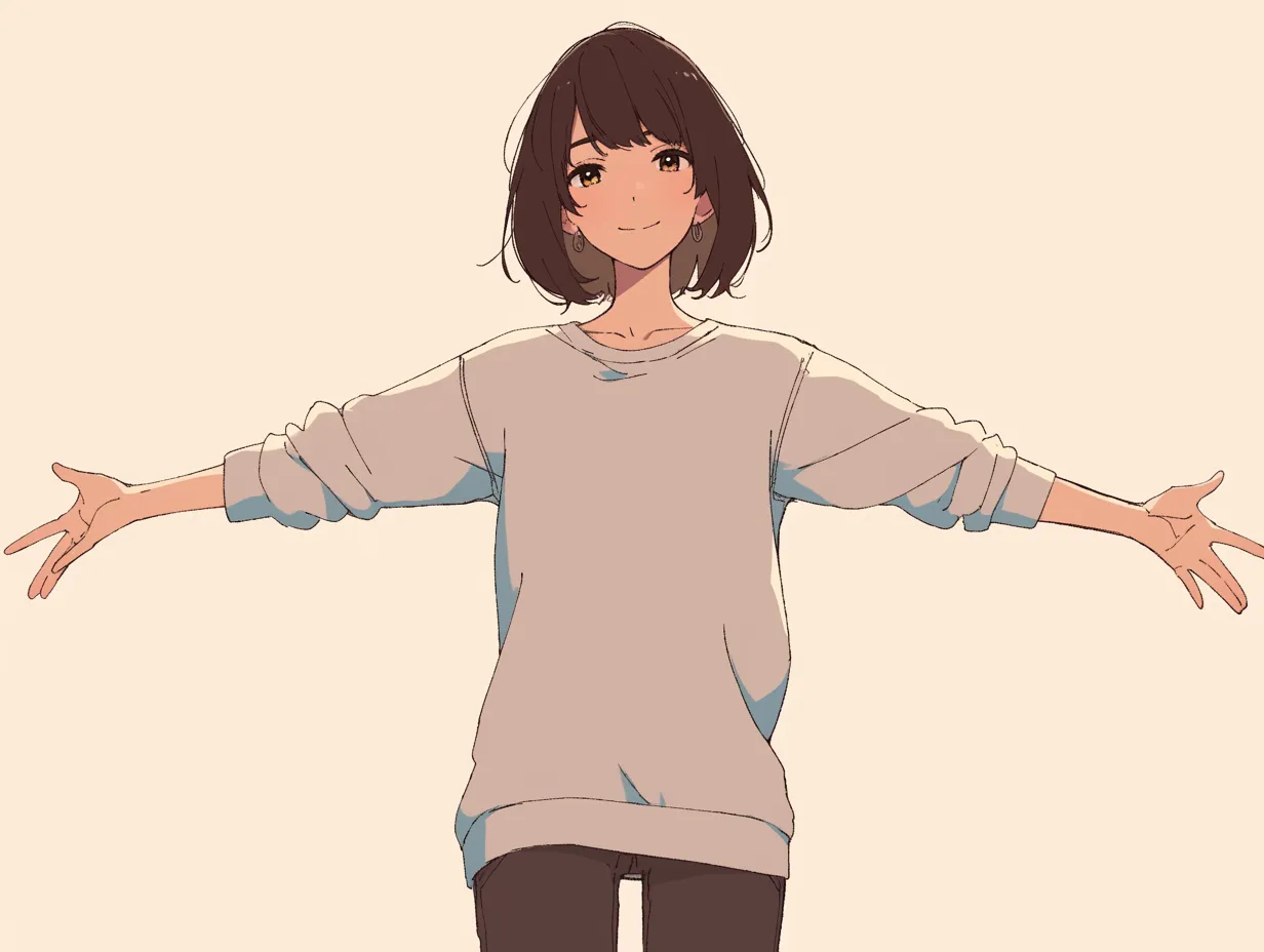 スウェット女子のすしざんまいポーズ｜ゆるめのスウェットを着たボブヘアの女性が柔らかくすしざんまいポーズ。安心感と優しさがにじむ日常系の温もりある演出。