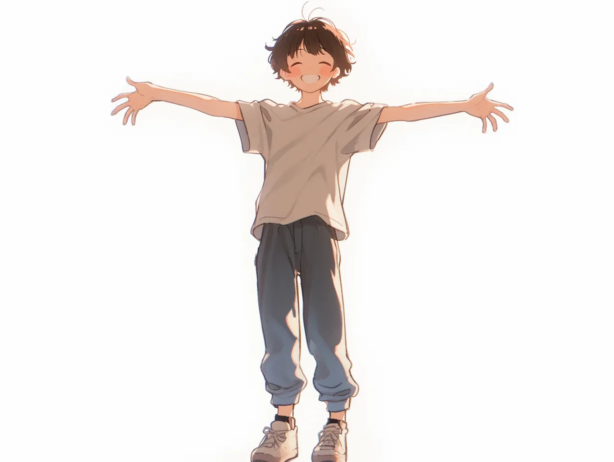 体操服少年のすしざんまいポーズ｜運動着姿の少年が輝く笑顔で大きくすしざんまいポーズ。逆光がやさしく輪郭を照らし、明るい未来を感じさせる構図。