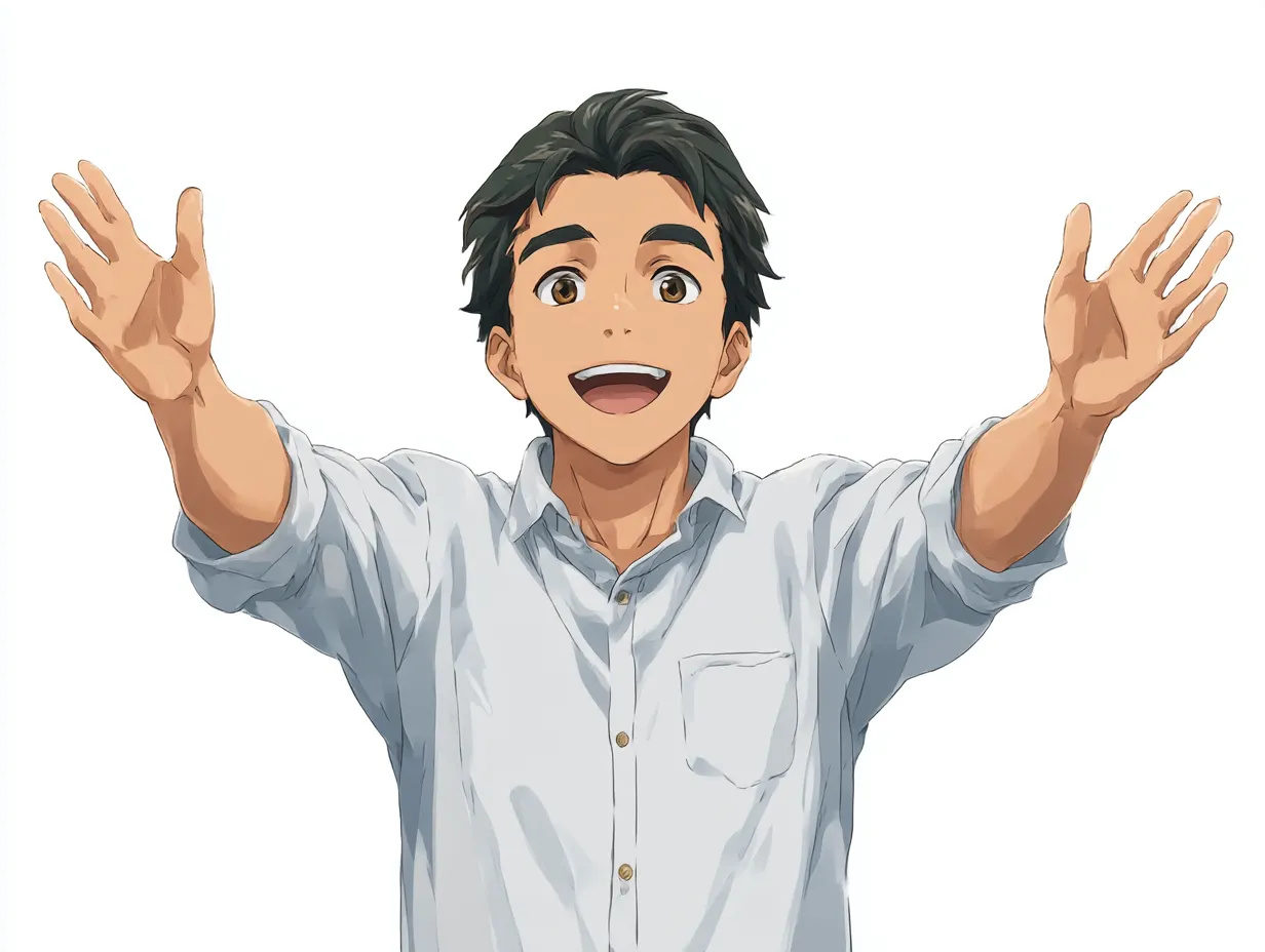 白シャツ青年のすしざんまいポーズ｜清潔感ある白シャツ姿の青年が嬉しそうにすしざんまいポーズ。背景を省いた構図により、開かれた感情表現が際立つ。
