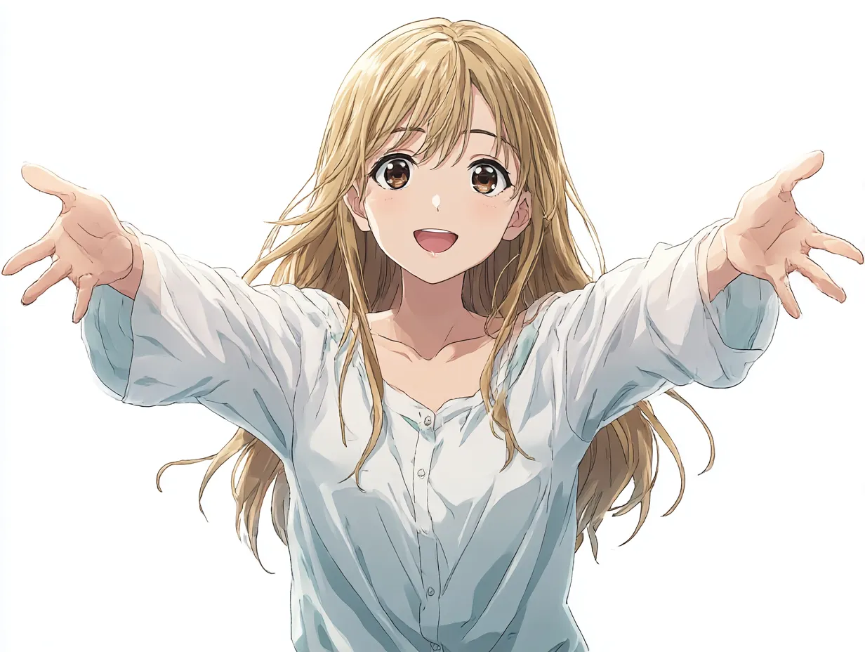 ロングヘア女子のすしざんまいポーズ｜ナチュラルなロングヘアの少女が優雅にすしざんまいポーズ。空気を包み込むような優しさと光の柔らかさが印象的な一枚。