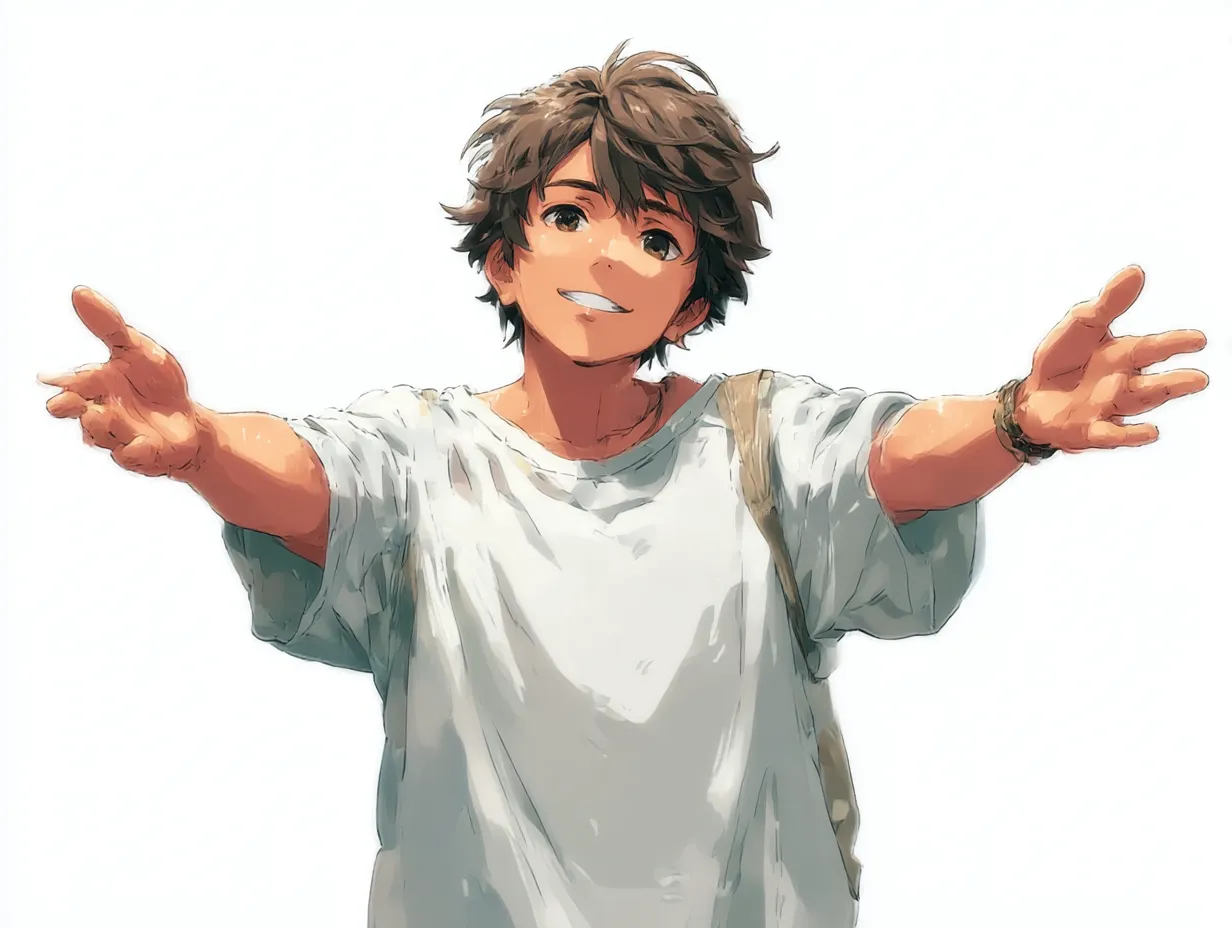 ラフ男子のすしざんまいポーズ｜ラフなTシャツ姿の男性がにこやかにすしざんまいポーズ。カジュアルな服装と表情が、親しみやすさを感じさせる。