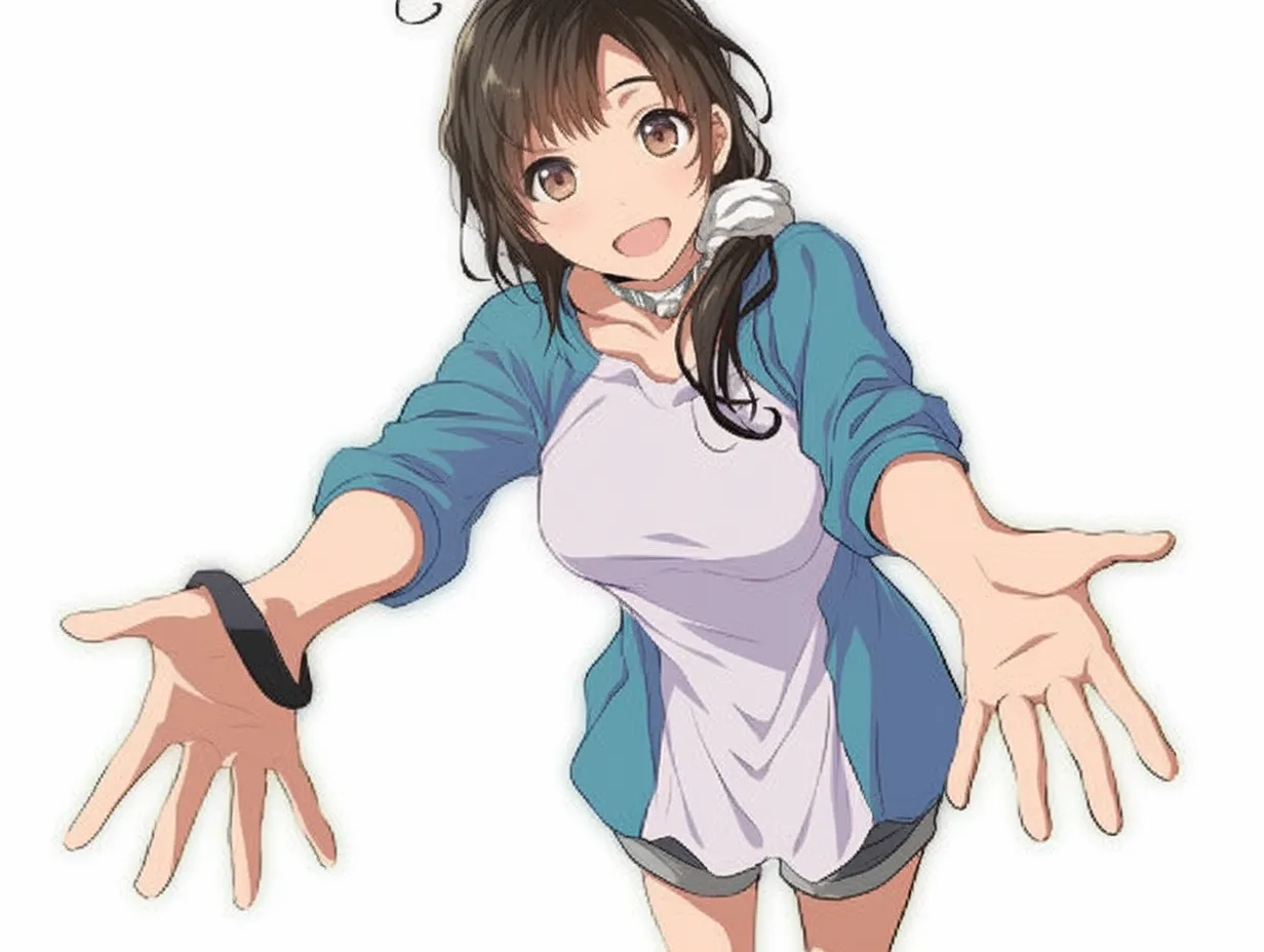 元気女子のすしざんまいポーズ｜ポニーテールが弾むような明るい女子が、ぐっと前へ差し出すすしざんまいポーズ。親密な距離感と元気さが魅力。