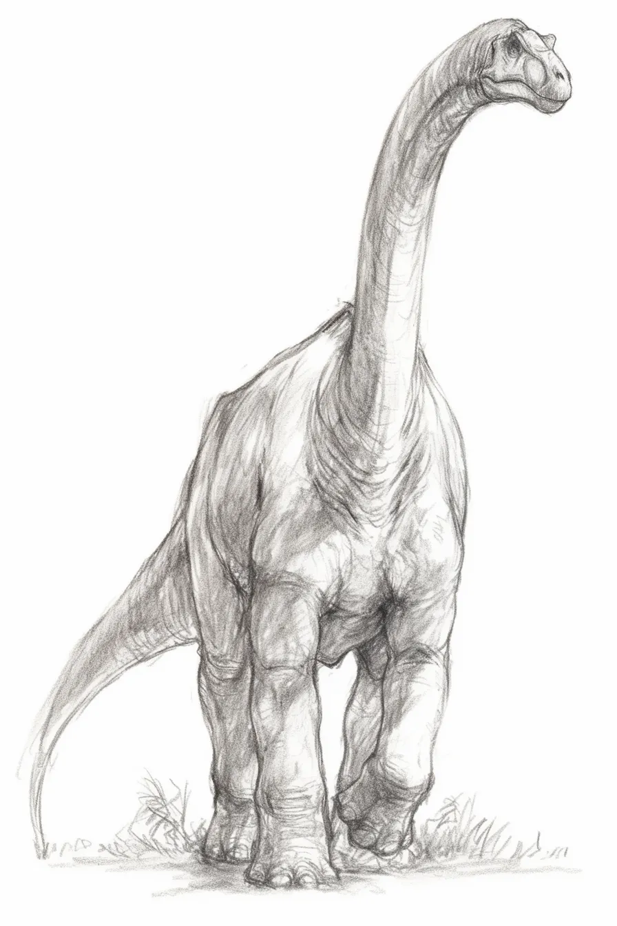 かっこいいブラキオサウルスの鉛筆画｜柔らかな鉛筆のタッチで描かれた繊細な質感が魅力のかっこいいブラキオサウルス。優雅さと迫力が共存する印象的なスケッチ。