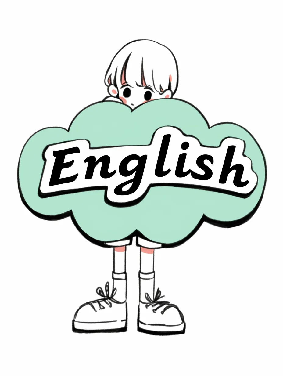 かっこいい英語・英語を抱える少年｜ミントグリーンの吹き出しに「English」の文字が入り、それを抱えるように少年が立つユニークな構図。ポップな線画とバランスの取れたデザインが、かっこいい英語の遊び心を感じさせる。