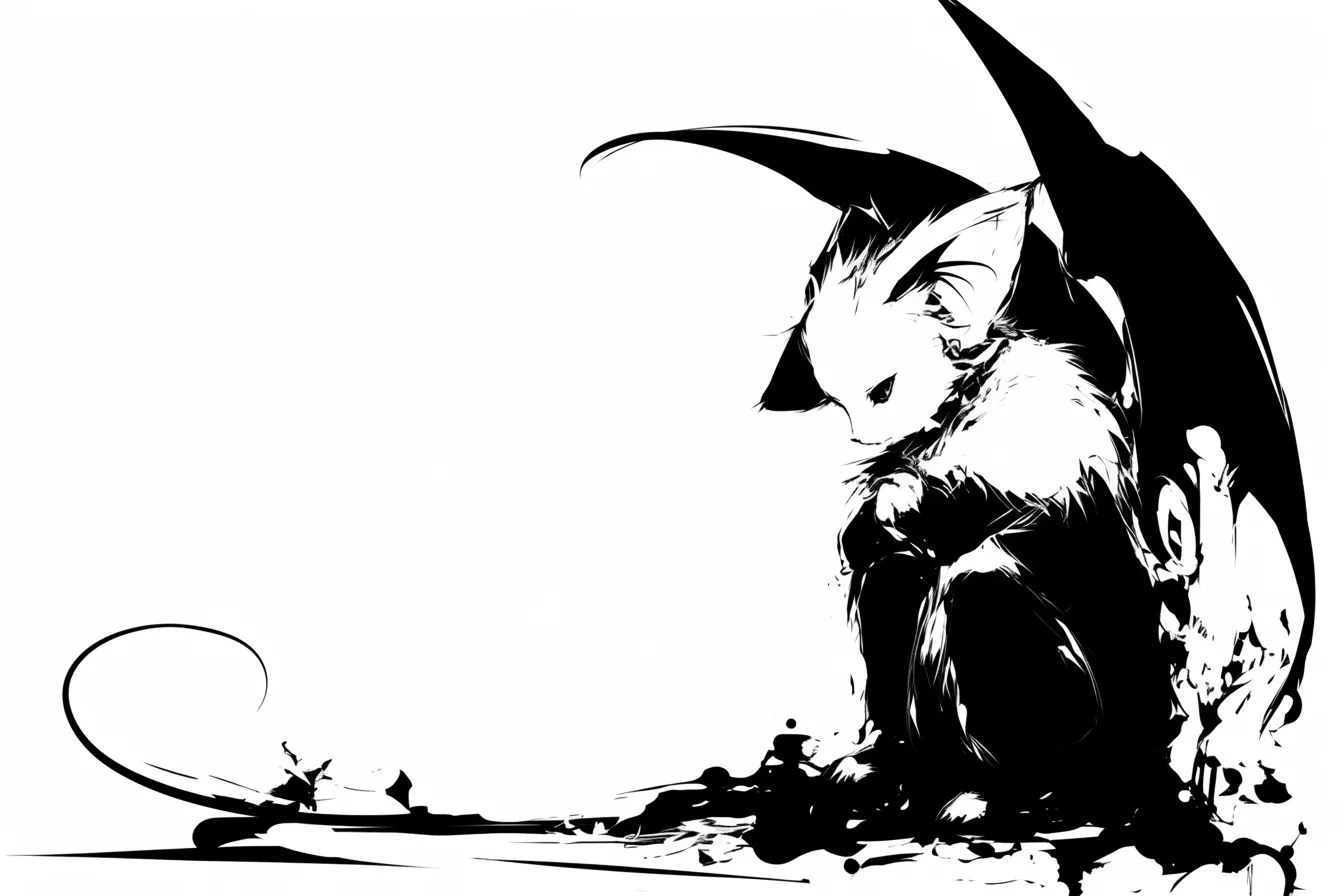 かっこいいコウモリの獣人｜白と黒のコントラストが美しい幻想的な獣人の姿。闇に溶け込むような表現と繊細な毛並みのディテールが特徴で、かっこいいコウモリの神秘性と孤独な雰囲気を引き立てている。