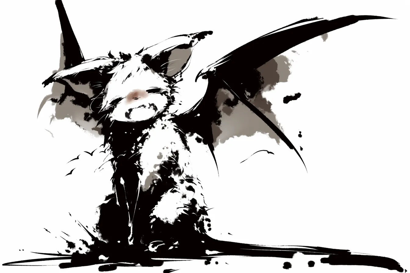 かっこいいコウモリの黒翼獣｜インクが滲んだような表現が幻想的な黒翼の獣。静かに佇む姿ながら、鋭い目つきが威厳を感じさせる。かっこいいコウモリの孤高の美しさと神秘性が際立つアートスタイル。