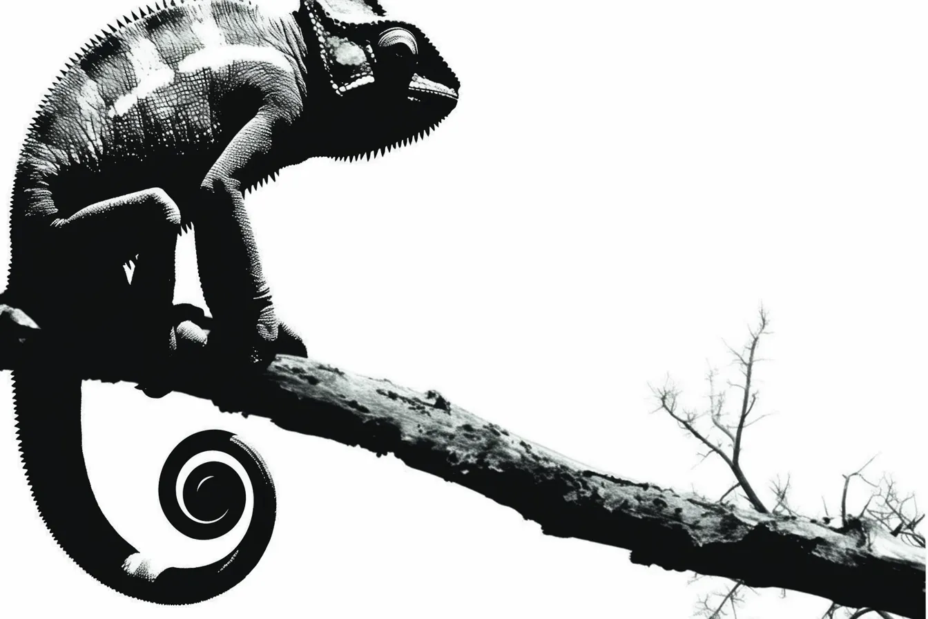 モノクロシルエットのかっこいいカメレオン｜白黒のハイコントラストで描かれたカメレオンが、枝にしっかりとしがみつく姿がダイナミック。かっこいいカメレオンのシャープなシルエットが印象的な作品。