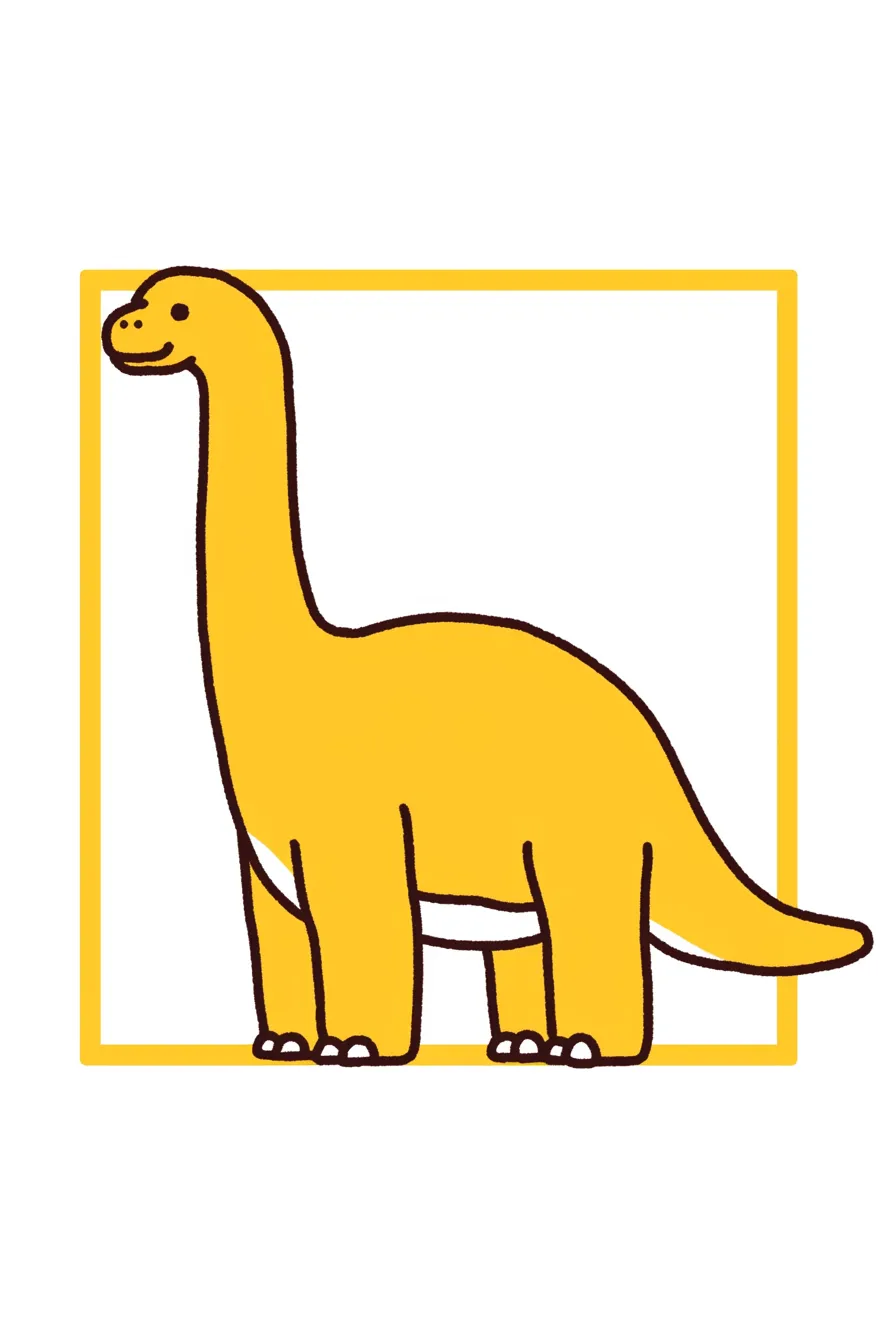 かわいい黄色のブラキオサウルスのデザイン｜シンプルなラインと明るい黄色が特徴のブラキオサウルス。スクエアなフレームがスタイリッシュで、アイコンやロゴとしても使いやすいデザインになっている。