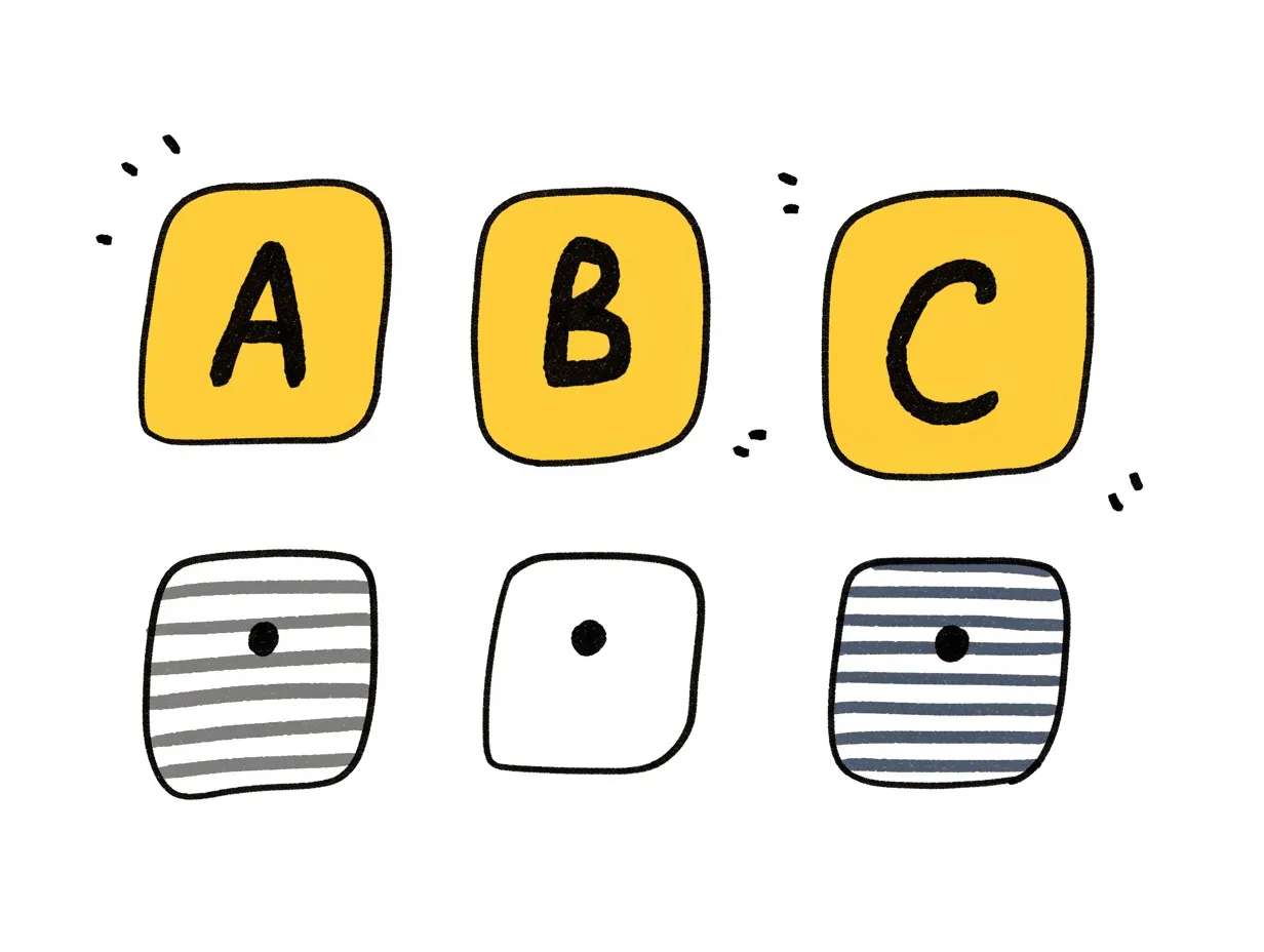 かわいい英語・ポップなABCブロック｜黄色の四角いブロックに手書き風のA・B・Cが描かれたシンプルで可愛らしいデザイン。下に並ぶストライプ柄のサイコロが遊び心を加え、かわいい英語の世界観を楽しく演出している。