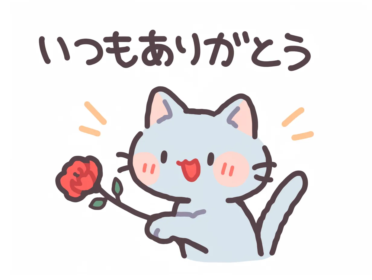 かわいい母の日と猫の花贈り｜ふわっとした優しいタッチで描かれた猫が、元気よく赤い花を差し出している。明るい表情とシンプルな線が、母の日の感謝の気持ちをほっこりとした雰囲気で伝えている。