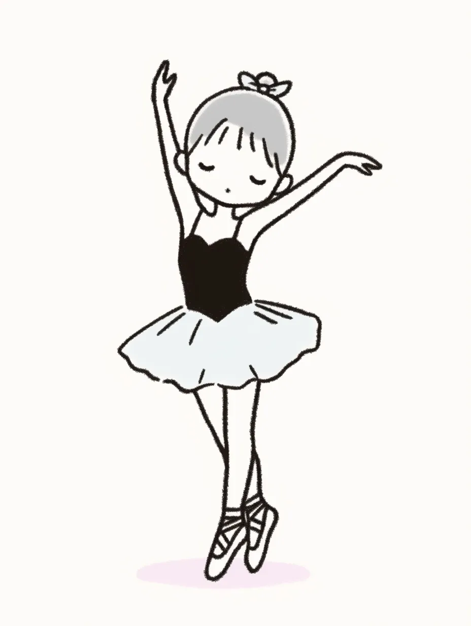 かわいいバレエ少女のシンプルポーズ　｜手描き風のゆるいタッチと落ち着いた配色が印象的なバレリーナのイラスト。ミニマルな線で「かわいい」バレエの魅力を引き立てており、やさしい空気感が漂います。