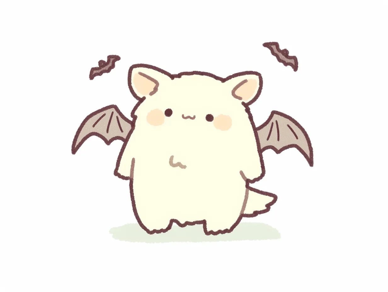 ぽってりシルエットのかわいいコウモリ｜落ち着いた色調と手描き風の柔らかい線が温かみを感じさせるイラスト。ぽってりとしたフォルムと小さな羽が絶妙なバランスで、かわいいコウモリの穏やかな魅力が伝わる。