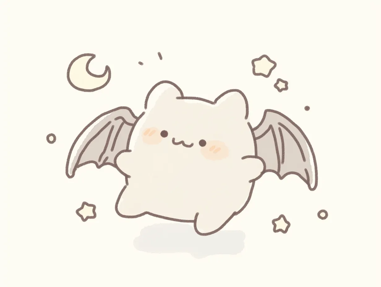 月夜に浮かぶふわふわのかわいいコウモリ｜柔らかい線と優しい色合いで描かれたデザイン。夜空の月や星とともにふわりと浮かぶ姿が愛らしく、かわいいコウモリの穏やかな雰囲気が表現されている。