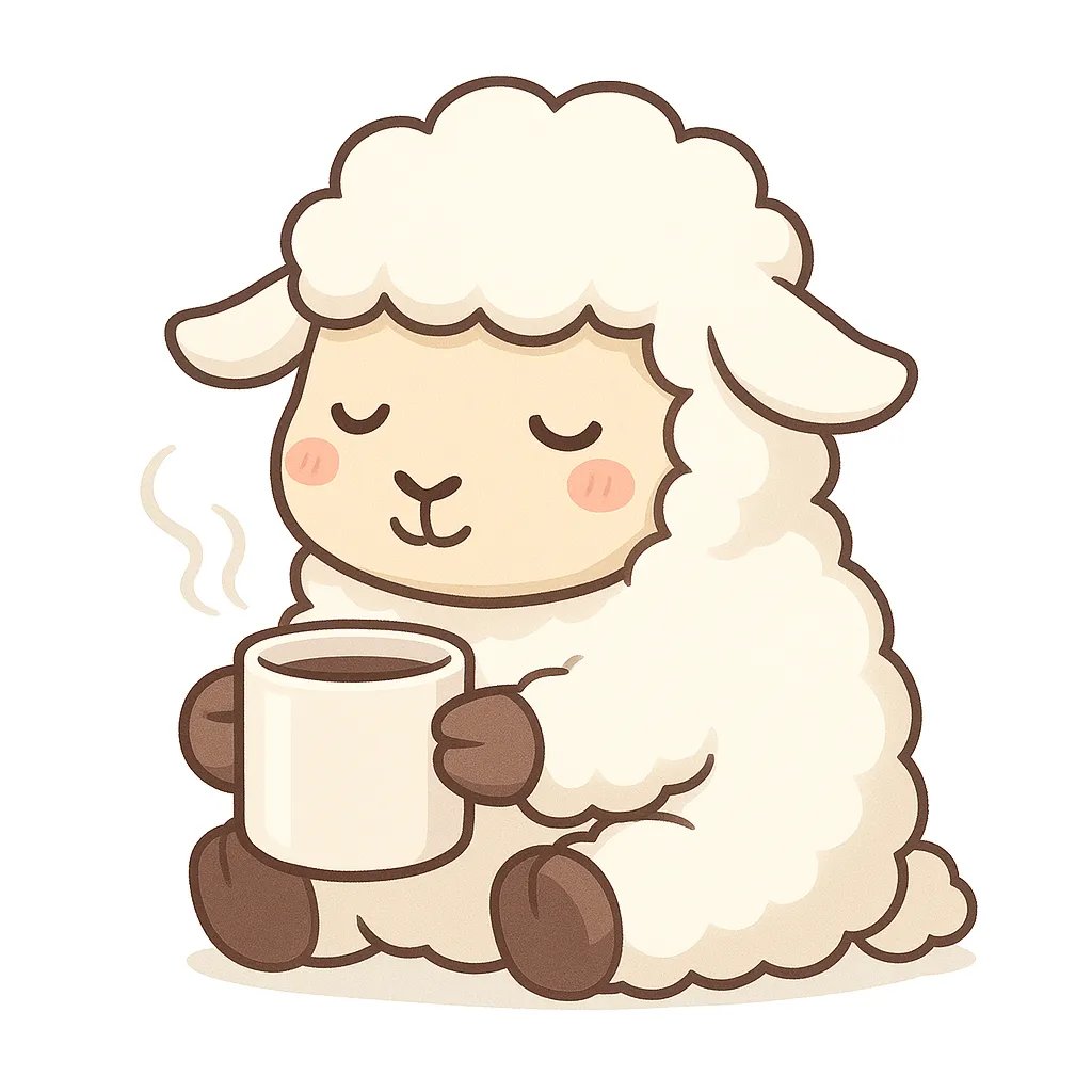 かわいいひつじのゆるいホッと一息タイム｜もこもこの毛に包まれたひつじが、目を閉じてカップをぎゅっと抱える癒しの時間。ふわふわ感とあたたかさが自然な光で引き立ち、白背景で清潔感のあるやさしいイラストに仕上がっています。