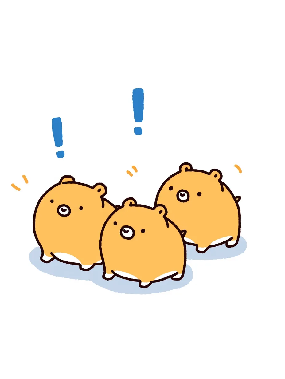 驚く表情のかわいいカピバラたち｜小さなカピバラたちが並び、驚いたような表情を見せるユニークなデザイン。デフォルメされた丸いフォルムが特徴で、かわいいカピバラのコミカルな雰囲気を引き立てています。
