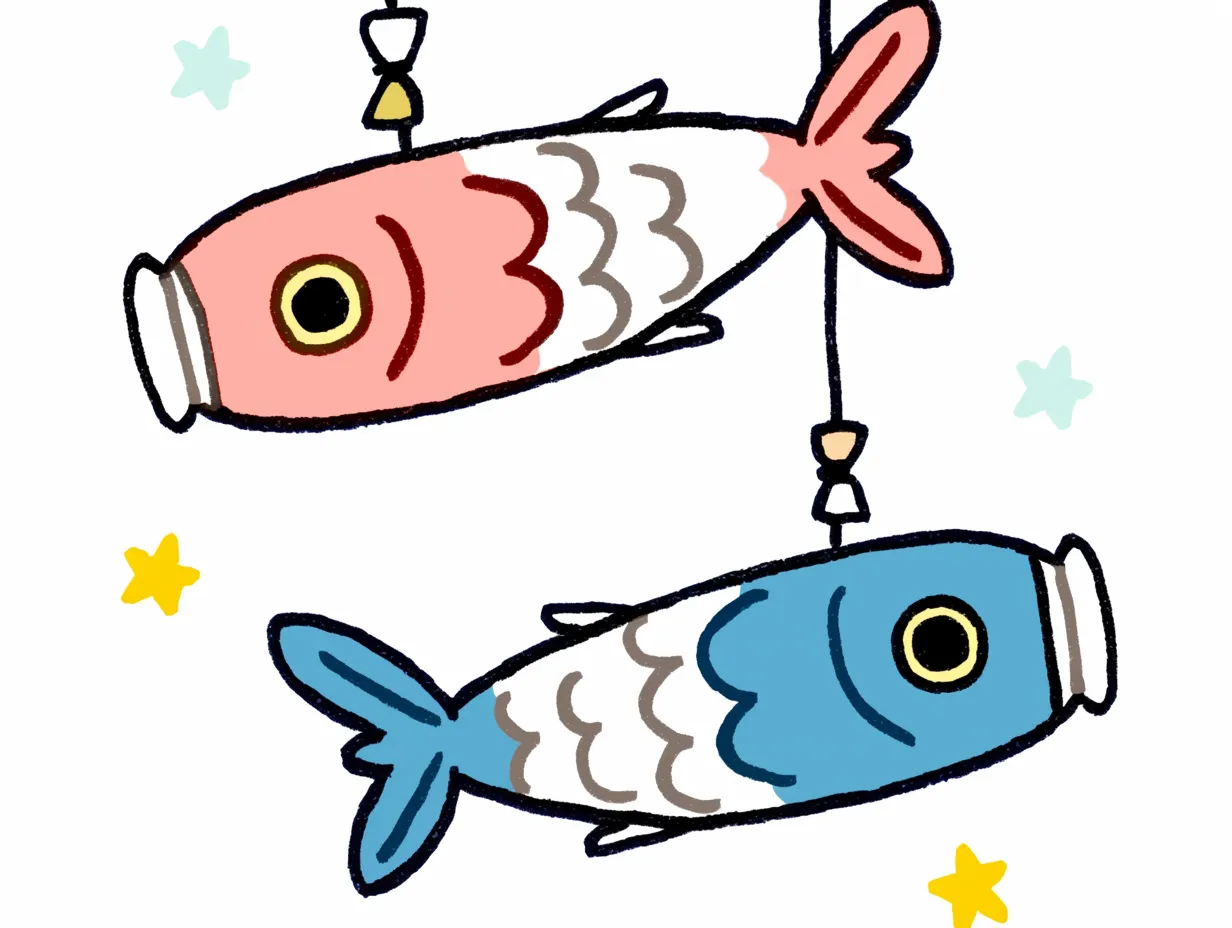 かわいいこいのぼりのカラフルなペア｜ピンクと青のこいのぼりが並んだ、カラフルで華やかなイラスト。手描き感のある線が、かわいいこいのぼりの温もりを感じさせる。淡い色彩が優しく、楽しげな印象を与えるデザイン。