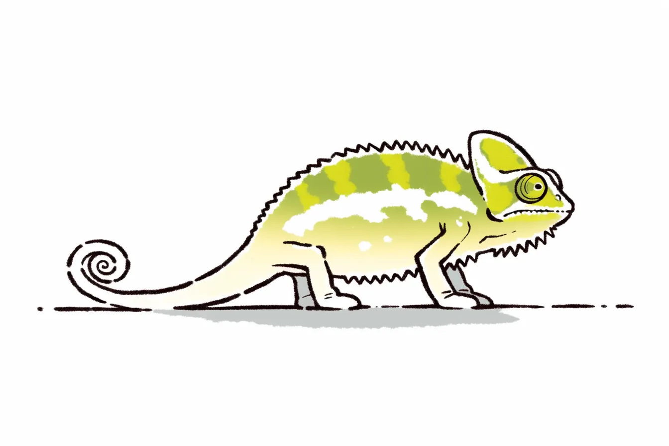 かわいいカメレオンのリアル風スケッチ｜手描き風のタッチで描かれたカメレオンが地面を歩く姿が印象的。淡いグリーンの体色と繊細な線が、かわいいカメレオンの自然な動きを表現している。