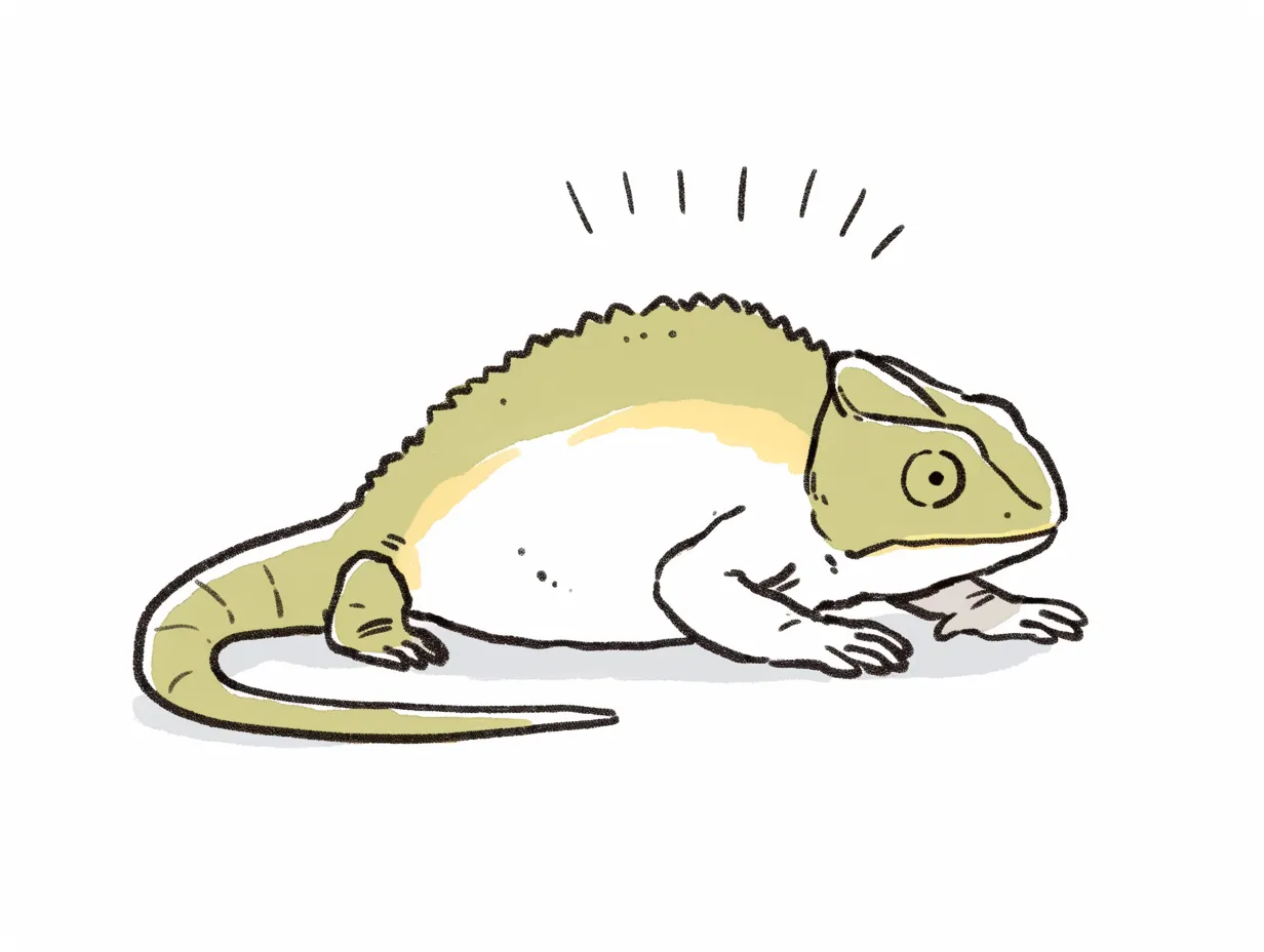 かわいいカメレオンが地面に伏せる｜やや丸みを帯びたカメレオンが地面に伏せた姿が描かれており、控えめながらも愛らしい印象を与える。素朴な線画が魅力的で、かわいいカメレオンの静かな雰囲気を引き立てている。