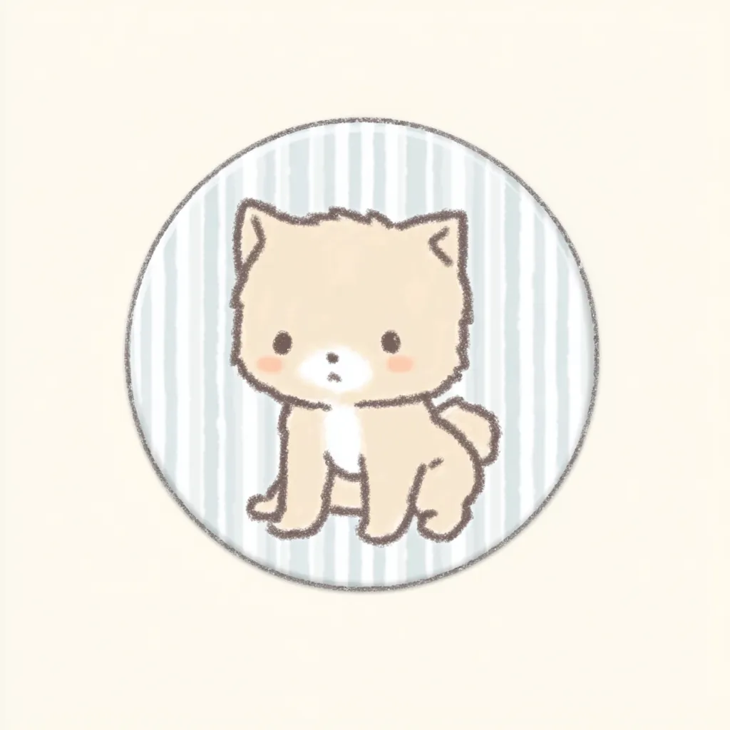 かわいいゆるい丸アイコンの子犬｜ふんわりとしたタッチで描かれたベージュの子犬が、淡いストライプの背景に映えるやさしい印象のデザインです。かわいいゆるい丸アイコンの雰囲気が、見る人に安心感とぬくもりを届けてくれます。