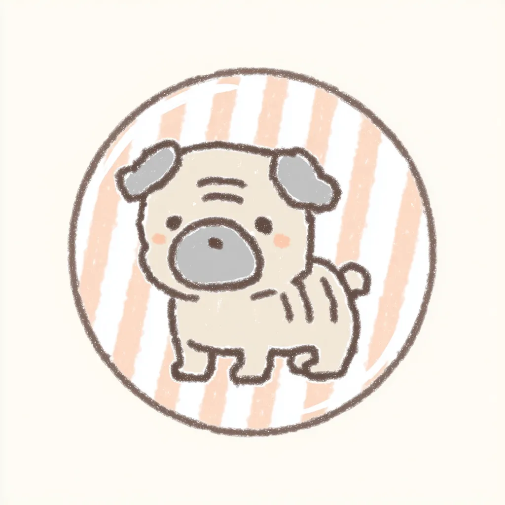 かわいいゆるい丸アイコンのパグ｜大きな鼻とシワを丸みのあるラインで描いたパグが、あたたかなベージュトーンの背景に映えています。かわいいゆるい丸アイコンのテイストでコミカルながらも安心感のある印象です。