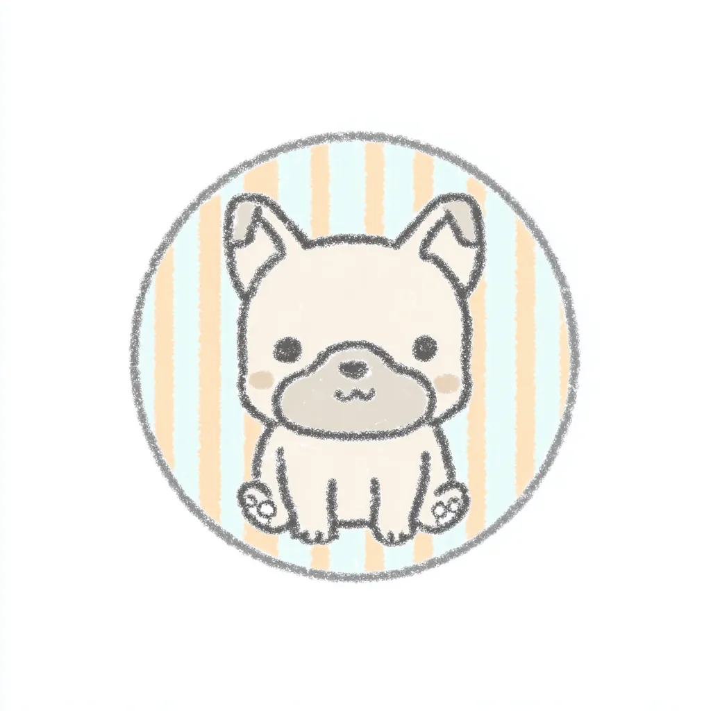 かわいいゆるい丸アイコンのフレンチブルドッグ｜優しい色合いと手描き風のストライプ背景が、小柄でおすわり姿のフレンチブルドッグの魅力を引き立てます。かわいいゆるい丸アイコンのやわらかい雰囲気がしっかり伝わる一枚です。