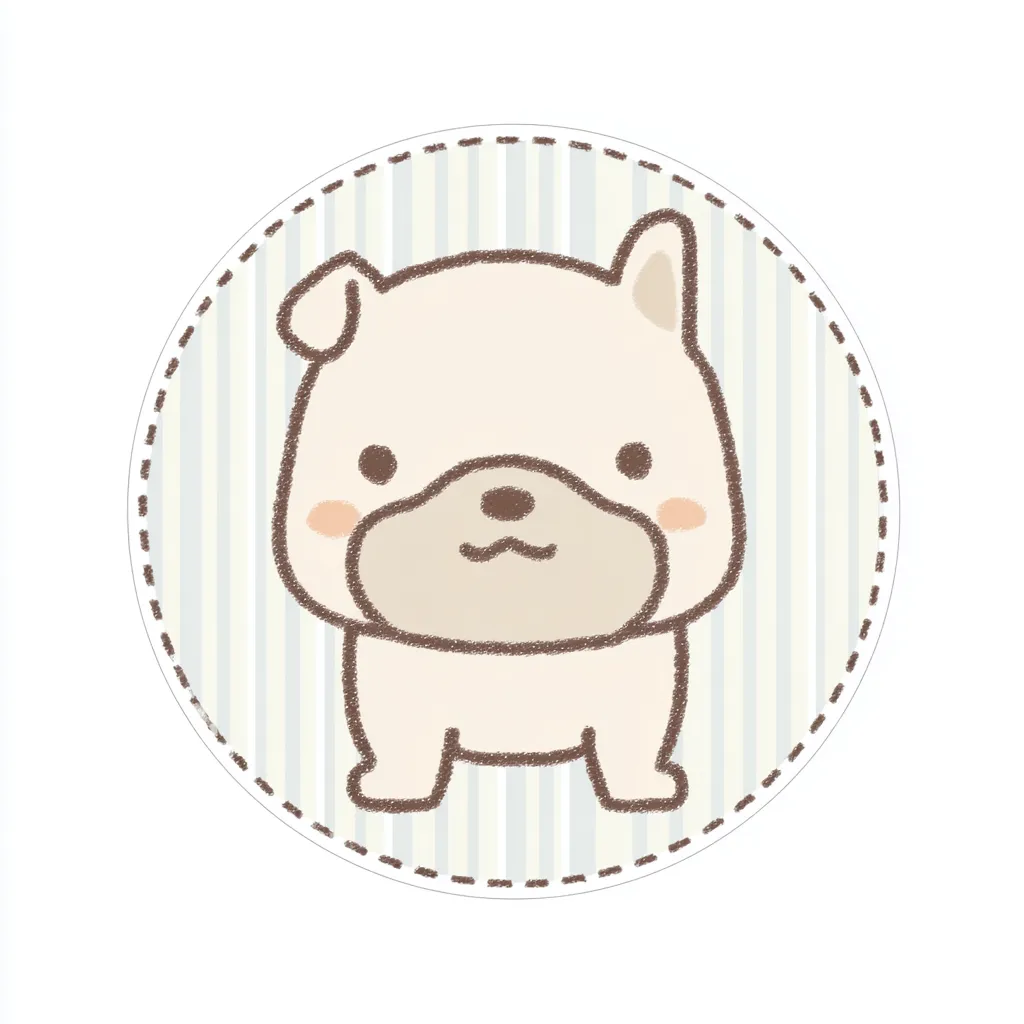 かわいいゆるい丸アイコンのフレンチブルドッグ｜素朴な輪郭とおっとりした表情が愛らしいフレンチブルドッグが、淡色ストライプの中で落ち着いた存在感を放っています。かわいいゆるい丸アイコンの魅力がしっかり詰まっています。