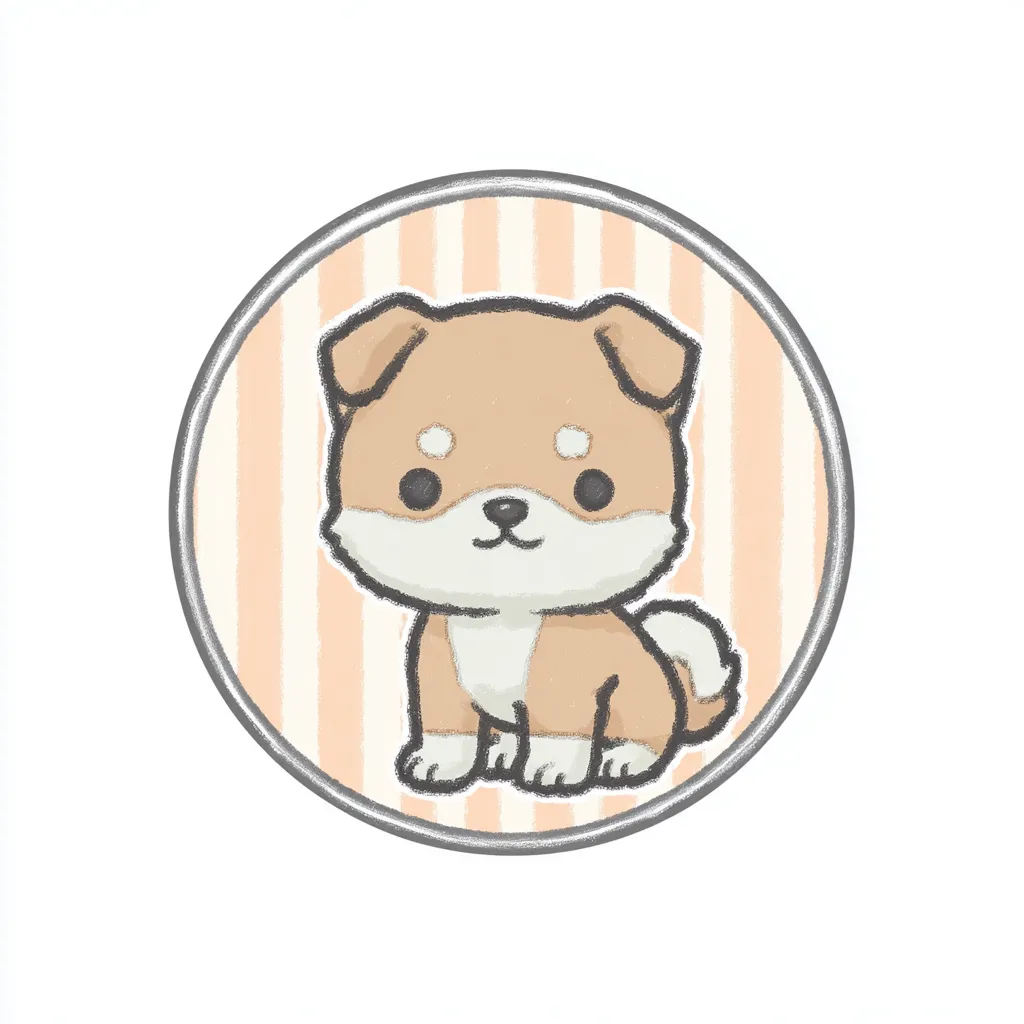 かわいいゆるい丸アイコンの柴犬｜素朴な表情の柴犬を、オレンジ系のストライプ背景と手描き風の輪郭で優しく包み込んだイラストです。かわいいゆるい丸アイコンの持ち味である親しみやすさがにじみ出ています。