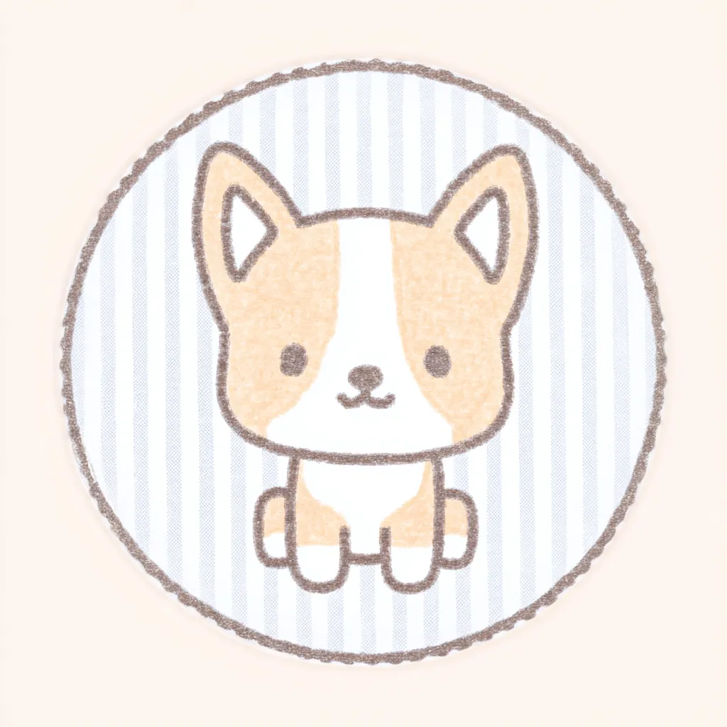 かわいいゆるい丸アイコンのコーギー｜立ち耳と短い足が特徴のコーギーを、淡く優しいベージュとホワイトで表現し、背景のストライプと相まって清潔感のある仕上がりです。かわいいゆるい丸アイコンの代表的な一作です。