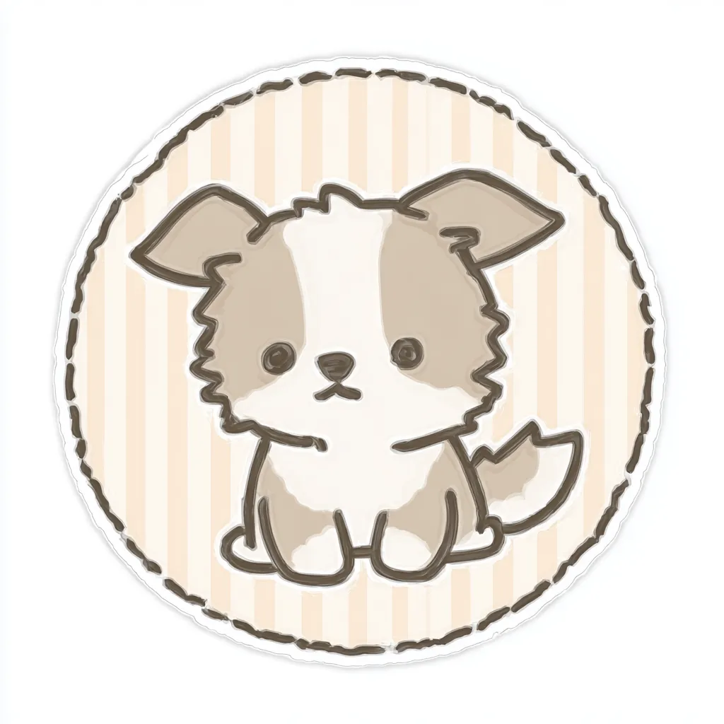 かわいいゆるい丸アイコンのパピヨン｜ゆるめのラインと淡いベージュカラーが愛らしいパピヨンを表現。背景の縞模様と丸い構図が「かわいいゆるい丸アイコンの」スタイルにぴったりで、あたたかみのある柔らかな印象に仕上がっています。