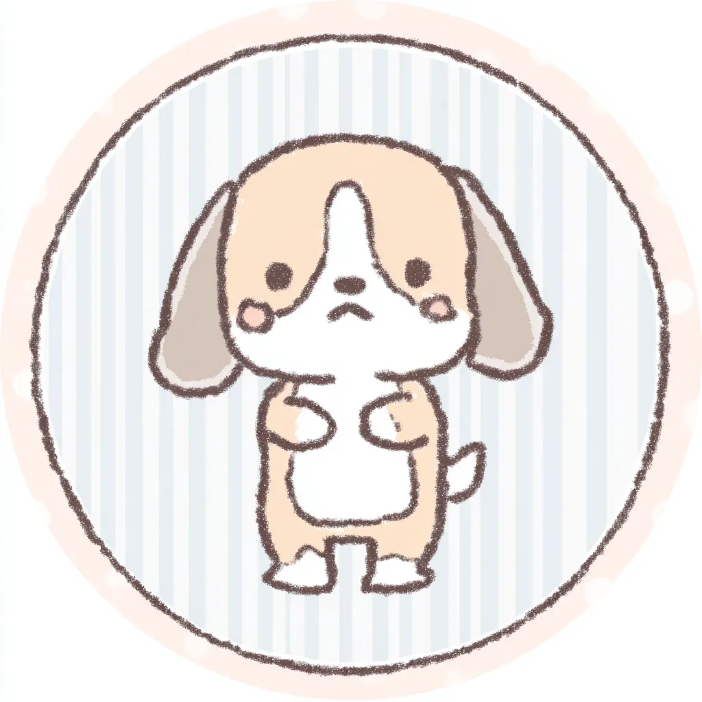 かわいいゆるい丸アイコンのビーグル｜ちょっぴり困り顔がチャームポイントのビーグル。控えめなパステル調と線の揺らぎが「かわいいゆるい丸アイコンの」優しい印象を醸し出し、素朴な愛らしさが際立つイラストです。
