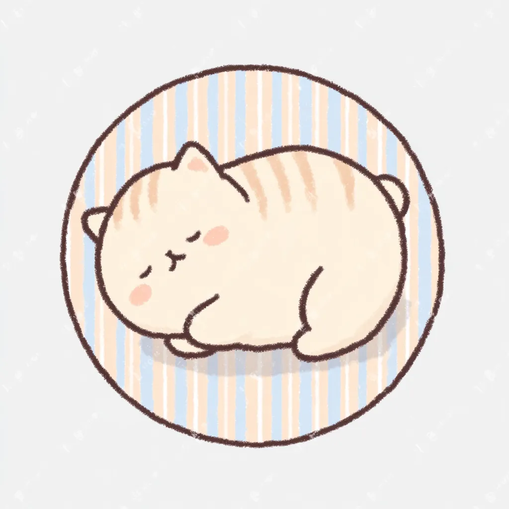 かわいいゆるい丸アイコンの寝る猫｜丸まって眠るフォルムがふんわりと表現されたデザイン。ストライプ柄の中で静かに佇む姿は「かわいいゆるい丸アイコンの」落ち着いたかわいさを丁寧に描き出しています。